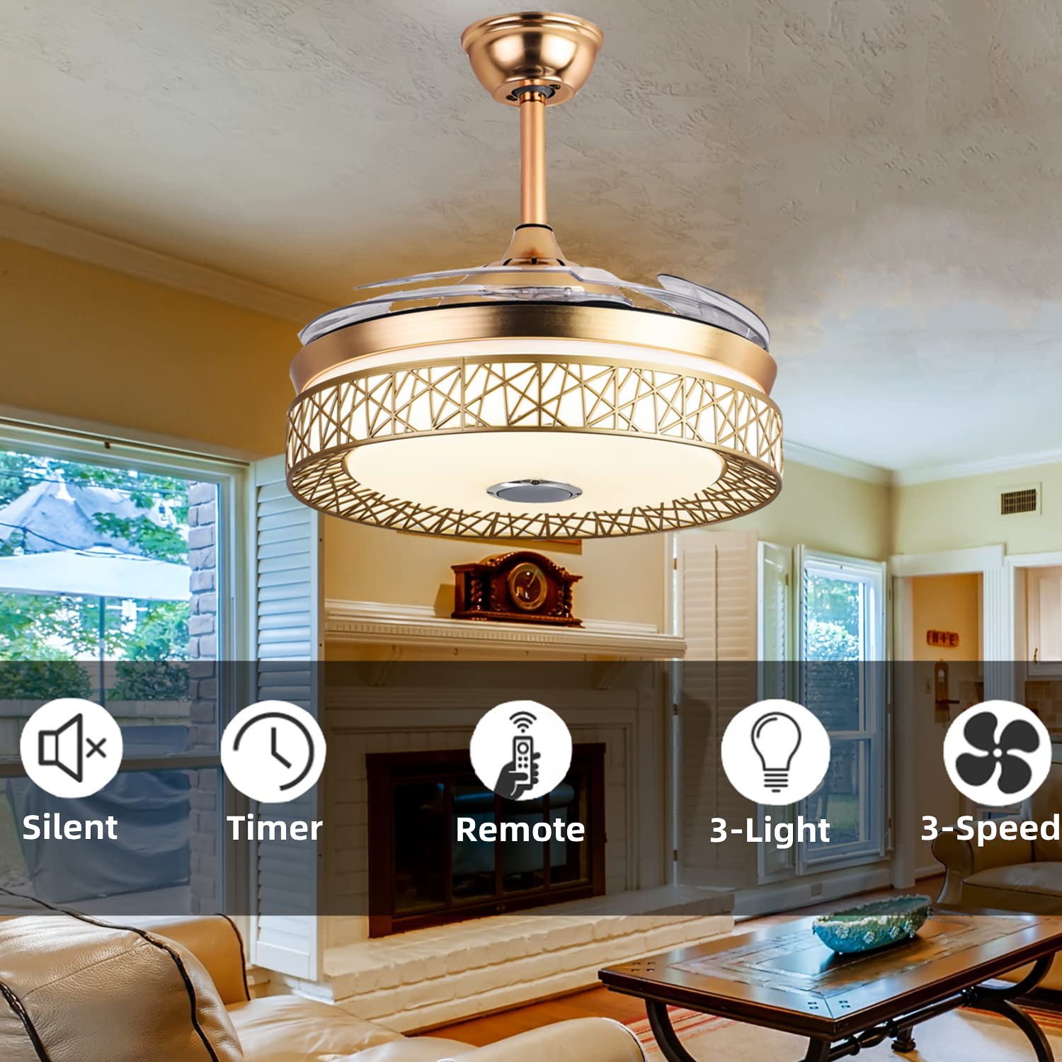 RuiWing 42 Inch Smart Ceiling Fan with Bluetooth Speaker, Retractable Blades, Remote Control & LED Light - 3 Speed Silent Motor, 3 Color Temperatures - Perfect for Living Room, Bedroom, and Home Office