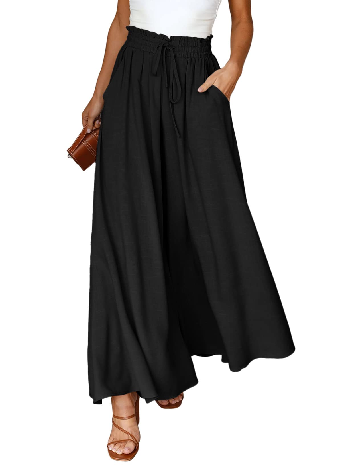 EVALESS Women's Casual Wide Leg Palazzo Pants - Elastic Drawstring Waist, Flowy & Comfortable with Pockets - Perfect for Work, Travel & Lounge Wear
