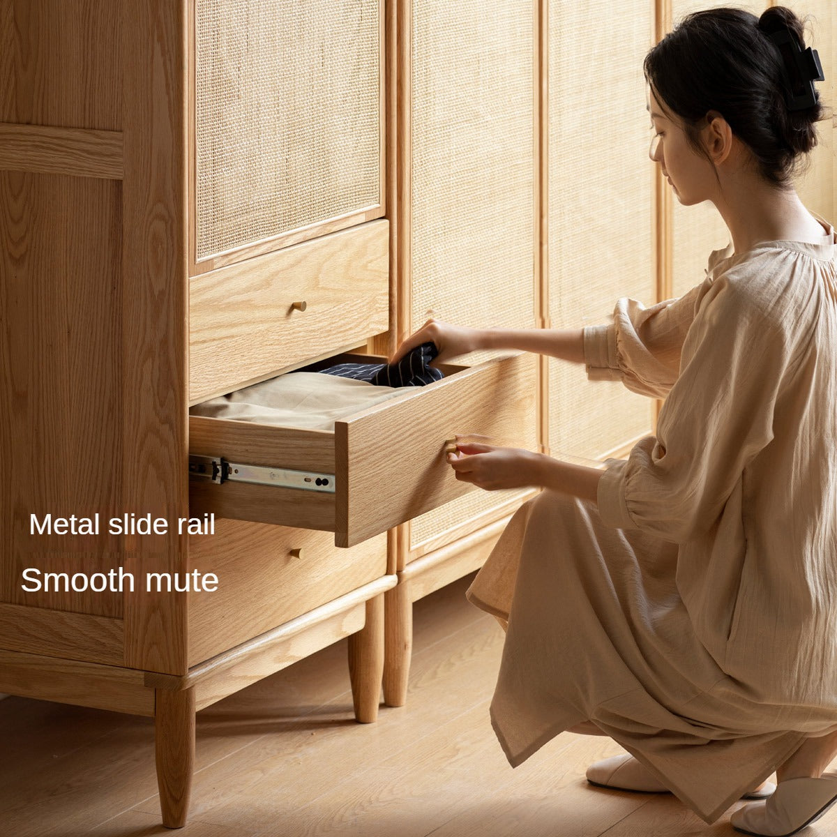 Solid Oak Wood Rattan Wardrobe - Stylish Storage for Bedroom, Living Room & Closet Organization