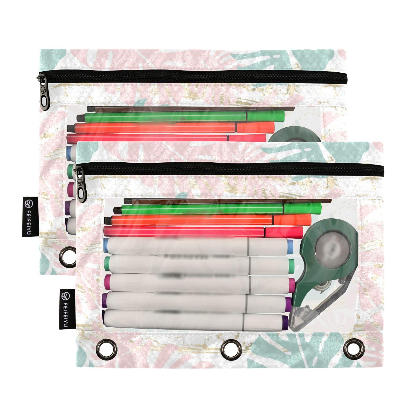 Gredecor 2-Pack Tropical Floral Pastel Pink & Mint Gold Zipper Pencil Pouch - 3-Ring Binder Organizer for School, Office, College Supplies | Clear Plastic Pencil Case for Binders, Notebooks & Backpack Organization