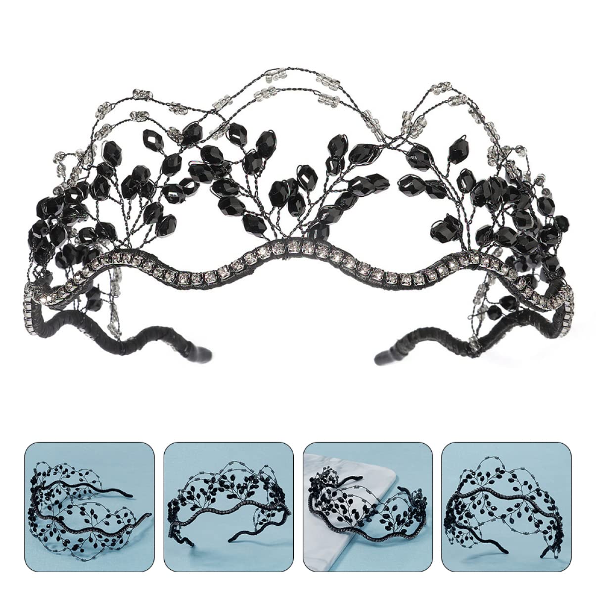 LALAFINA 5-Piece Wedding Crystal Headband Set for Women – Rhinestone Bridal Tiara & Hair Ties (Black) | Elegant Wedding Accessories, Bridal Party, Prom & Special Occasions