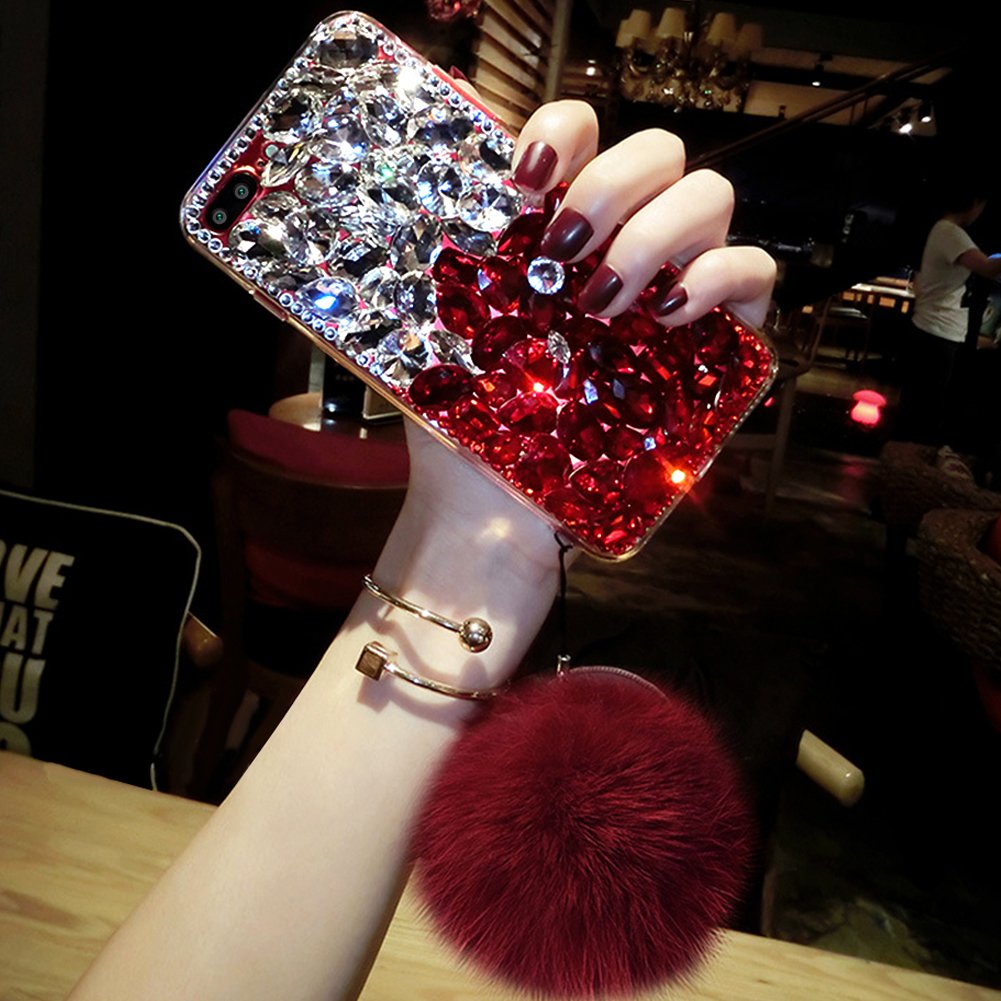 Sparkling 3D Rhinestone Diamond Phone Case for iPhone 8/7 - Handmade Bling Cover with Fuzzy Plush Ball & Full Crystals | Perfect for Parties, Weddings, Prom & Special Occasions (Red)