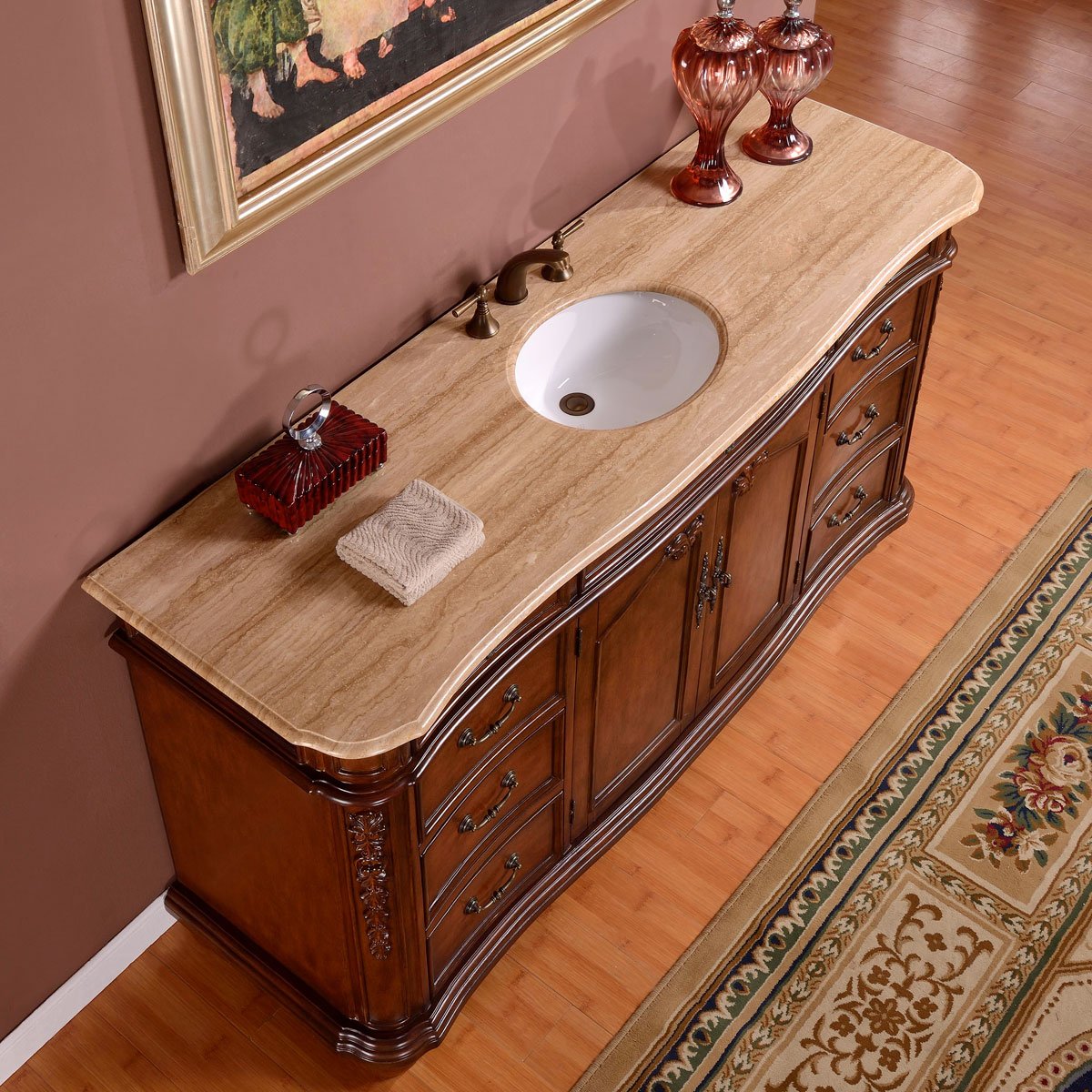 72-inch Travertine Stone Top Bathroom Vanity with Single Sink - Modern Bathroom Storage Cabinet for Master Bath & Powder Room | Silkroad Exclusive