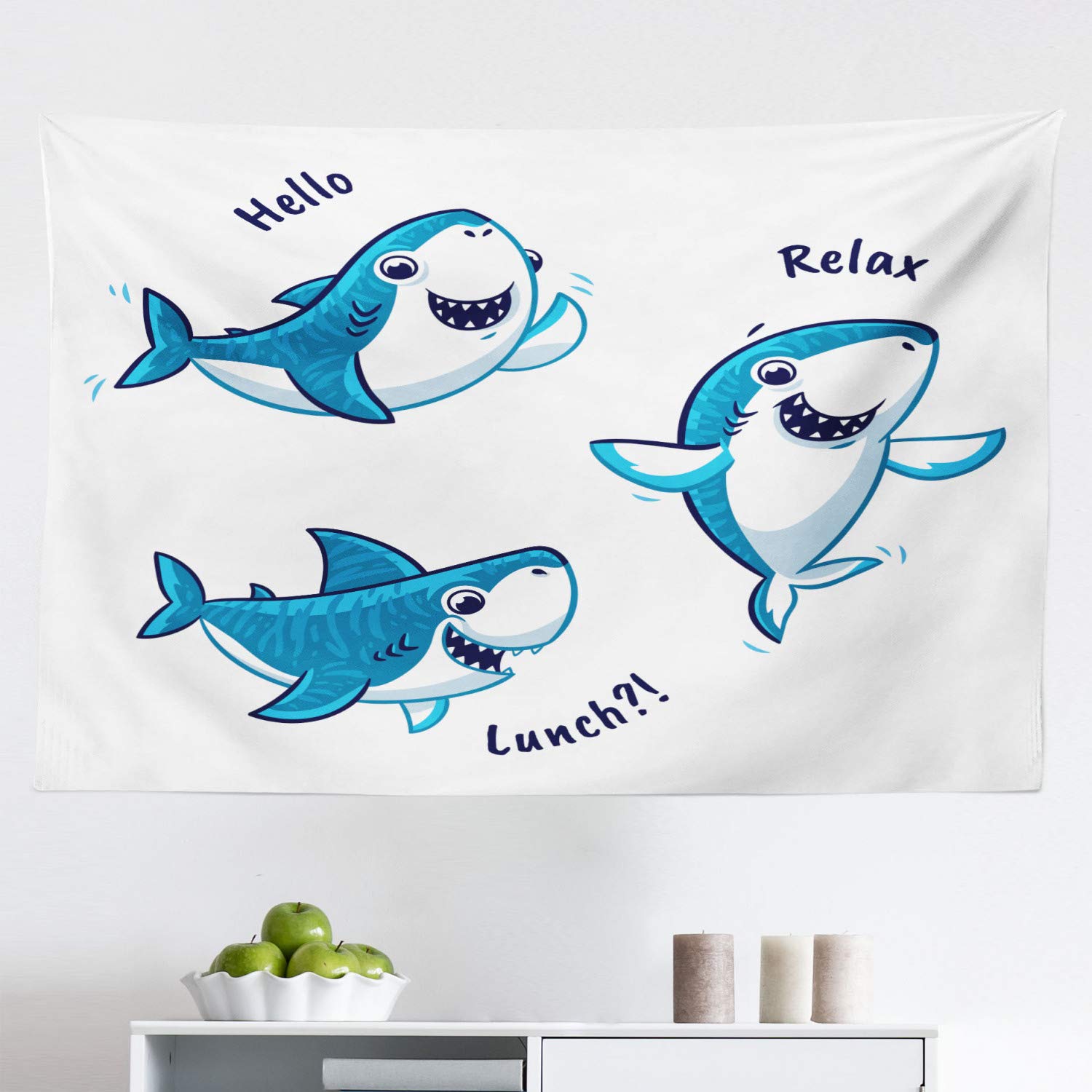 Lunarable Shark Tapestry Wall Art - Cute Cartoon Fish Design with 'Hello Relax' Lettering, Blue & White Fabric Wall Hanging Decor for Bedroom, Living Room, Dorm (45