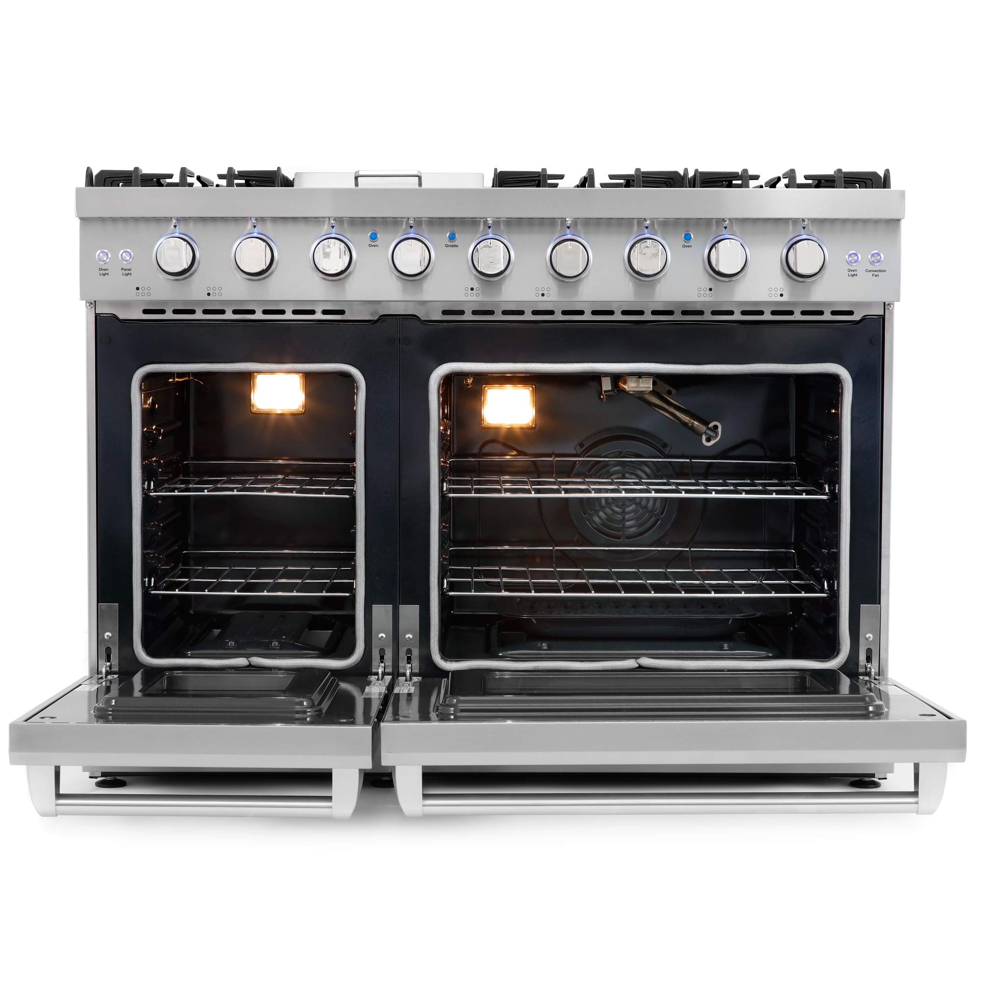COSMO COS-EPGR486G 48-Inch Stainless Steel Gas Range - 6.8 cu. ft. Double Oven, 6 Burners with Griddle & Convection - Knob LED Lights - Perfect for Large Family Kitchens & Holiday Cooking