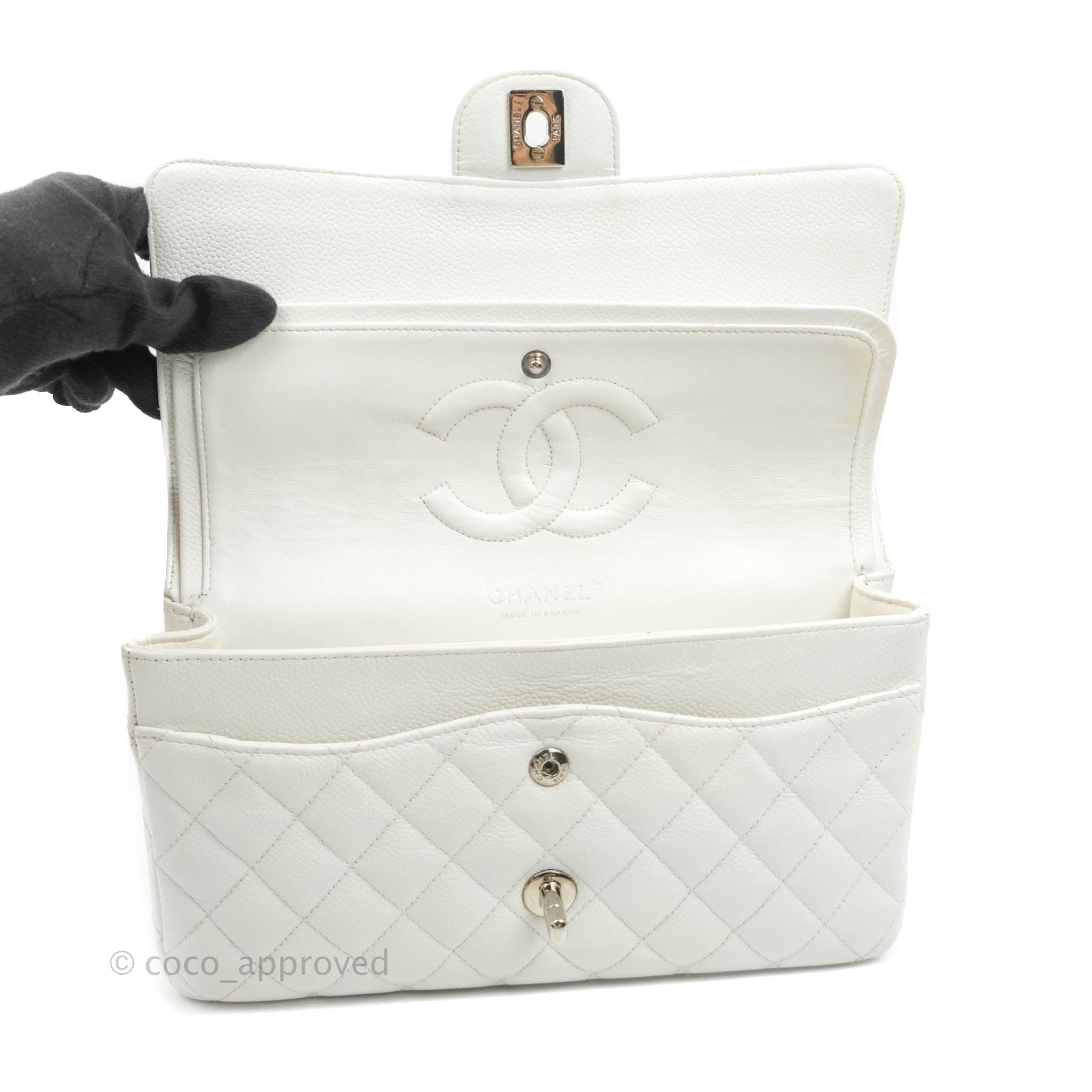 Chanel Classic M/L Medium Double Flap Bag in White Caviar Leather with Silver Hardware - Perfect for Luxury Fashion, Evening Events & Designer Handbag Collection