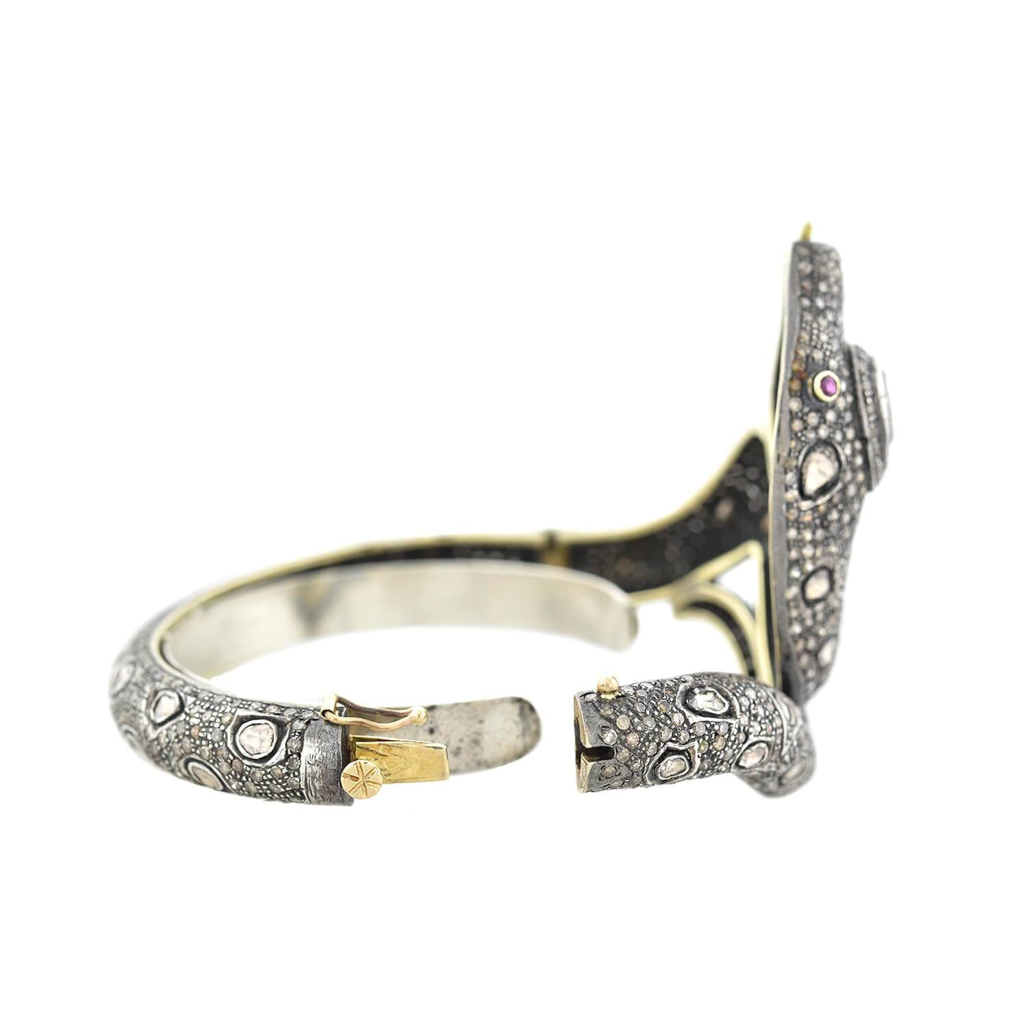 14K Gold & Sterling Silver Pavé Rose Cut Diamond and Ruby Snake Bracelet - Elegant Jewelry for Women, Perfect for Parties, Weddings & Special Occasions