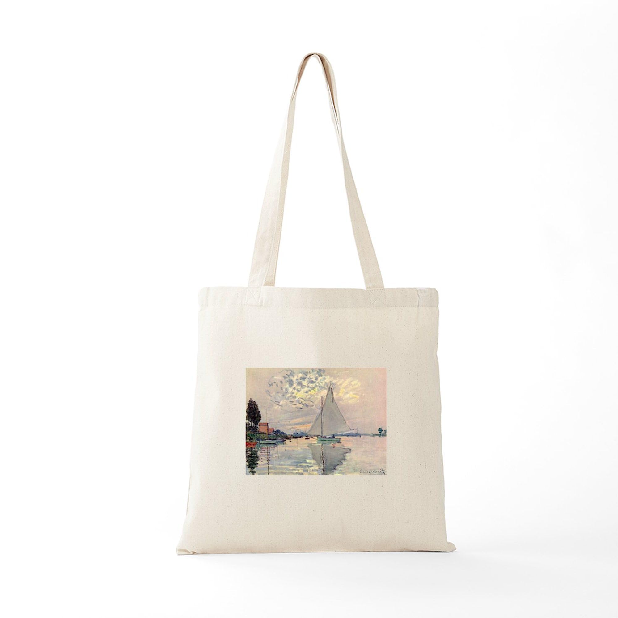 Monet Sailboat Tote Bag - Natural Canvas Reusable Shopping Bag for Women, Beach, Grocery & Work Commute | Waterproof & Eco-Friendly Tote