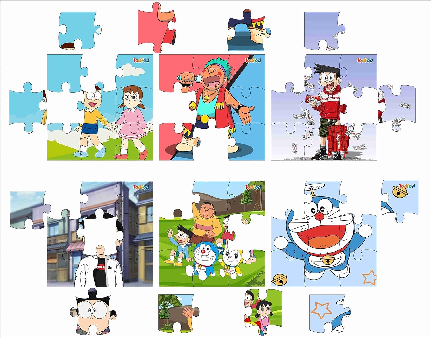 TodFod 6-in-1 Wooden Jigsaw Puzzle Set (54 Pieces) - Doraemon & Shinchan Anime Cartoon Puzzles for Kids Ages 3+, Educational Learning Toys for Preschool Children | Perfect for Birthday Gifts, Classroom Activities & Family Game Night