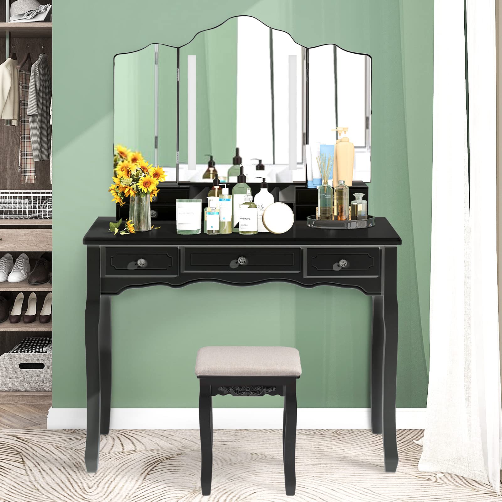 YGBH Makeup Vanity Table with LED Lights - Large Tri-Folding Mirror, 7 Drawers & Cushioned Stool - Black Dressing Table (38.58x16.93x57.20 Inch) for Bedroom, Beauty Salon & Home Decor - Includes Perfume Organizer & Lighted Mirror Clause