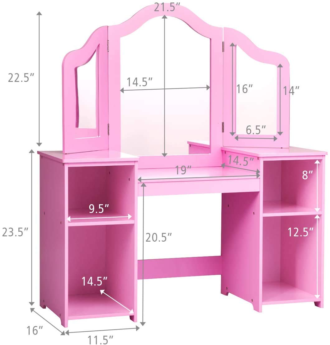 White Kids Vanity with 4 Storage Shelves & 2 Folding Mirrors - 2-in-1 Makeup Dressing Table for Girls (Pink) | Perfect for Bedroom, Playroom & Birthday Gifts
