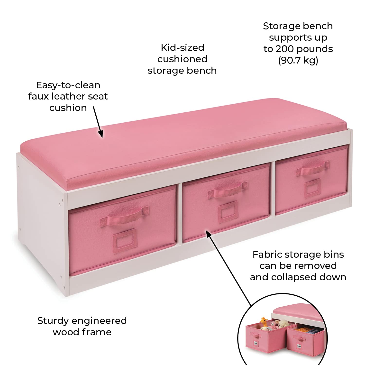 Badger Basket Kids’ Storage Bench with Cushion & 3 Bins - White & Pink, Durable Comfortable Seating for Bedroom, Playroom & Nursery Organization