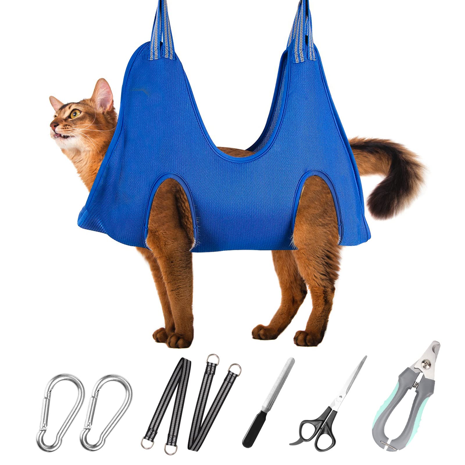 Premium Pet Grooming Hammock Harness for Cats & Small Dogs - Adjustable Nail Trimming Sling with Included Nail Clippers, Nail File & Scissors - Perfect for Stress-Free Grooming at Home or Vet Visits