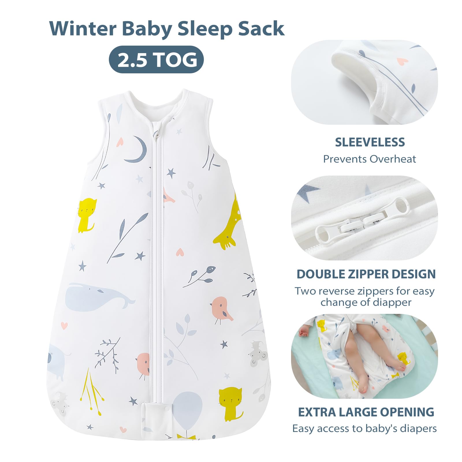 Mosebears 2.5 TOG Baby Sleep Sack - Winter Wearable Blanket with 2-Way Zipper for Infants 6-12 Months (2 Pack, Unisex Cotton) - Perfect for Nursery, Daycare & Cold Weather Sleep