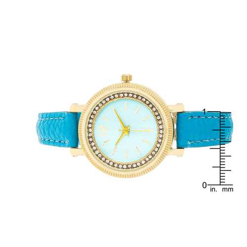 Georgia Gold Crystal Watch with Turquoise Leather Strap - Elegant Women's Fashion Watch for Daily Wear, Office & Special Occasions