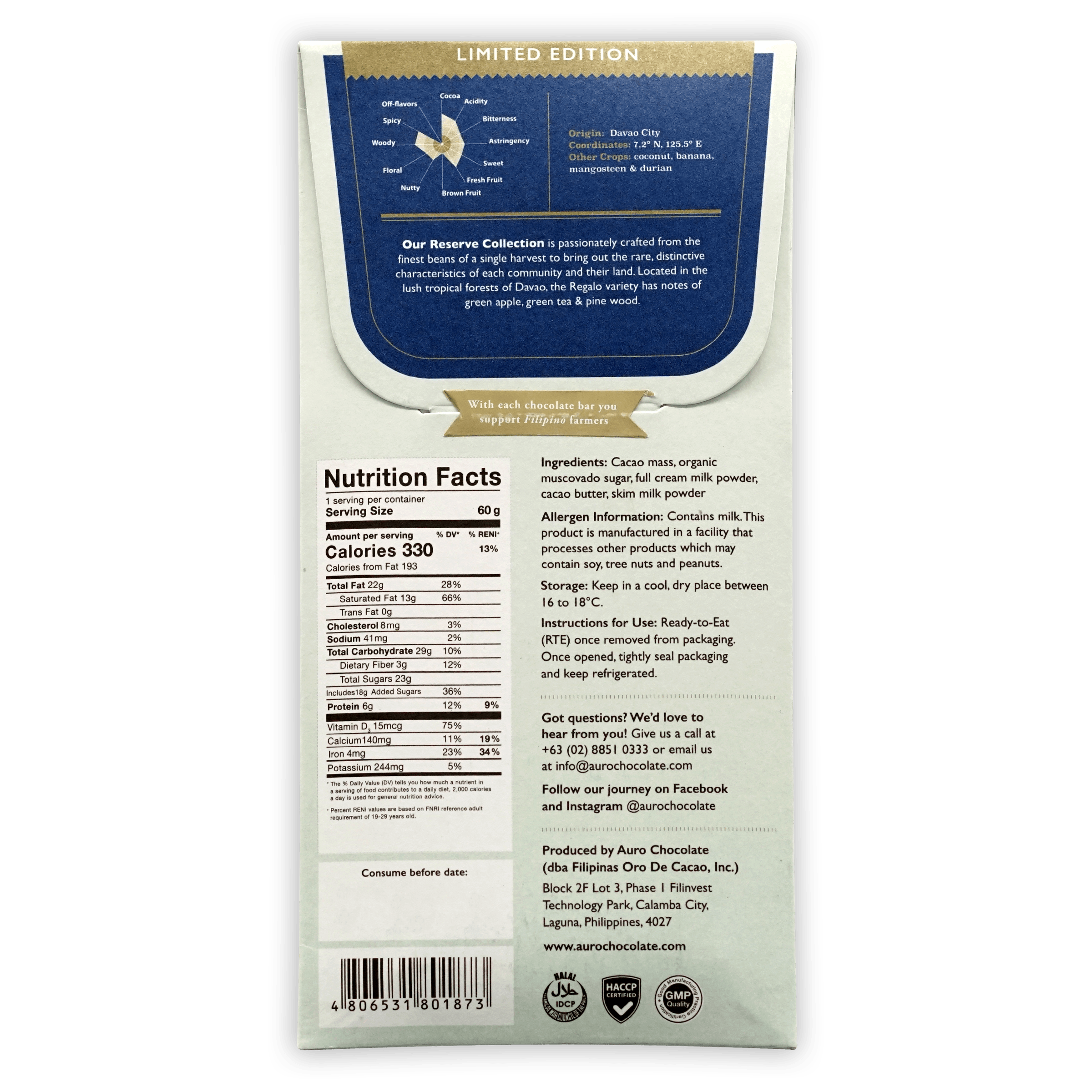 Auro Reserve Dark Milk Chocolate Bar 50% Cocoa - Gourmet Gift for Chocolate Lovers, Perfect for Holidays & Special Occasions