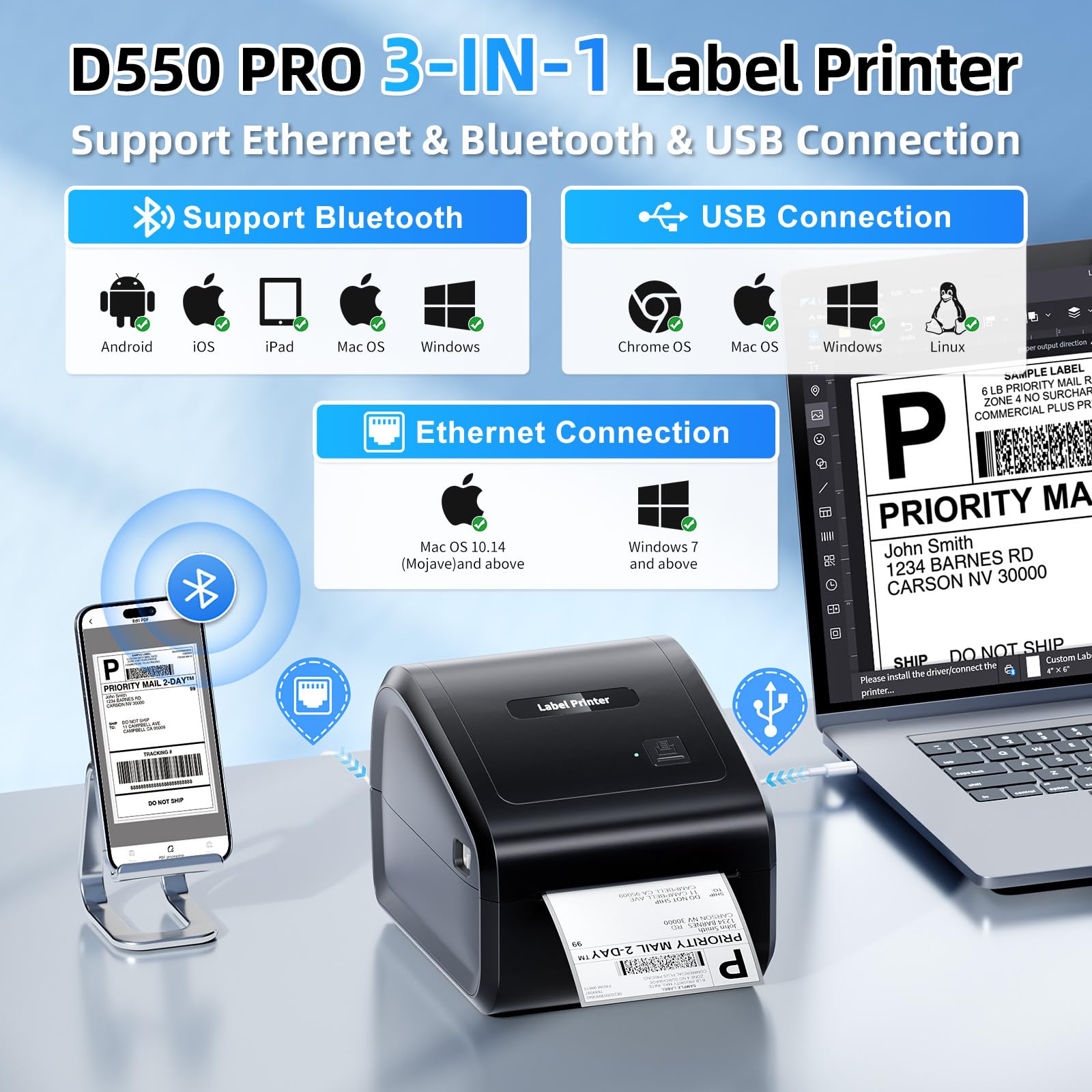 D550 Pro Wireless Bluetooth & Ethernet Thermal Label Printer 4x6 - Shipping Label Printer for Small Business, Office & Home Use - Compatible with Bluetooth, Ethernet & USB - Perfect for E-commerce, Amazon FBA & Logistics Label Printing