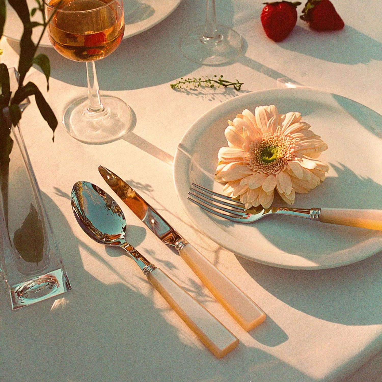 5-Piece Flatware Set - Icône Collection - Stainless Steel & Acrylic Cutlery (Knife, Fork, Soup Spoon, Teaspoon, Dessert Fork) - Dishwasher Safe - Pearly White - Perfect for Dinner Parties, Restaurants, and Elegant Home Dining