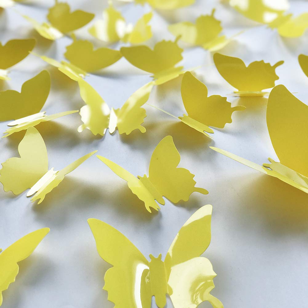 3D Yellow Butterfly Wall Decals - 24-Piece Removable Mural Stickers for Home Decor, Kids Room, Bedroom & Living Room - Perfect for Nursery, Dorm & DIY Wall Art Projects (Yellow)
