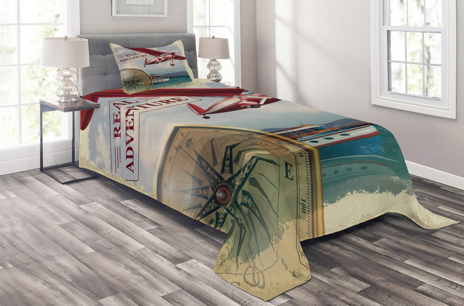 Ambesonne Adventure Themed Quilted Bedspread Set - Twin Size 2-Piece Coverlet with Pillow Sham, Multicolor Travel Art Featuring Coastline & Red Airplane Design | Perfect for Kids' Rooms, Dorm Decor & Adventure-Themed Bedrooms