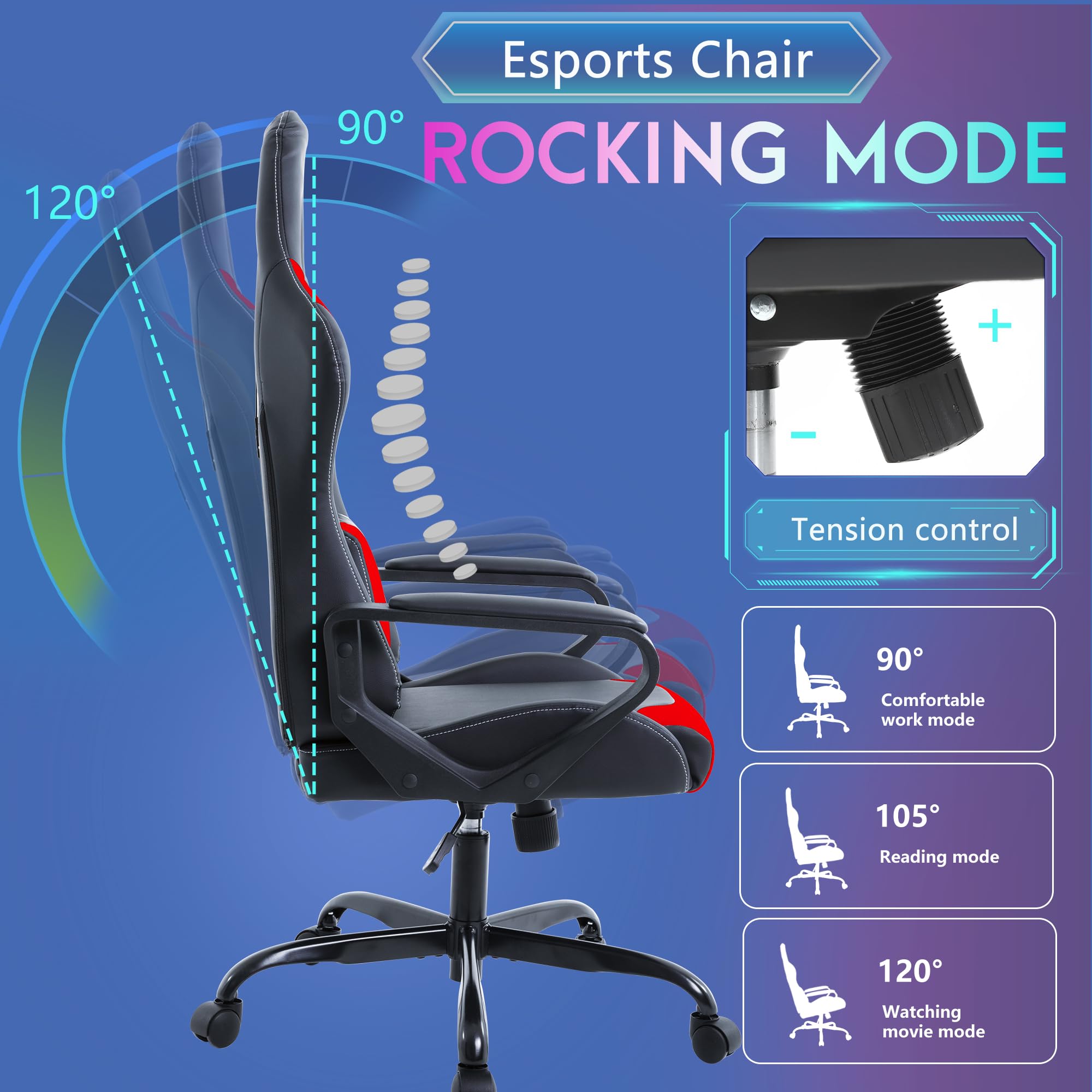 Ergonomic Racing Gaming Chair with Adjustable Armrests, 360° Swivel & Casters - High Back PU Leather Office Computer Desk Chair with Lumbar Support & Headrest for Back Pain Relief - Perfect for Home Office, Gaming Setup & Workstation (Red)