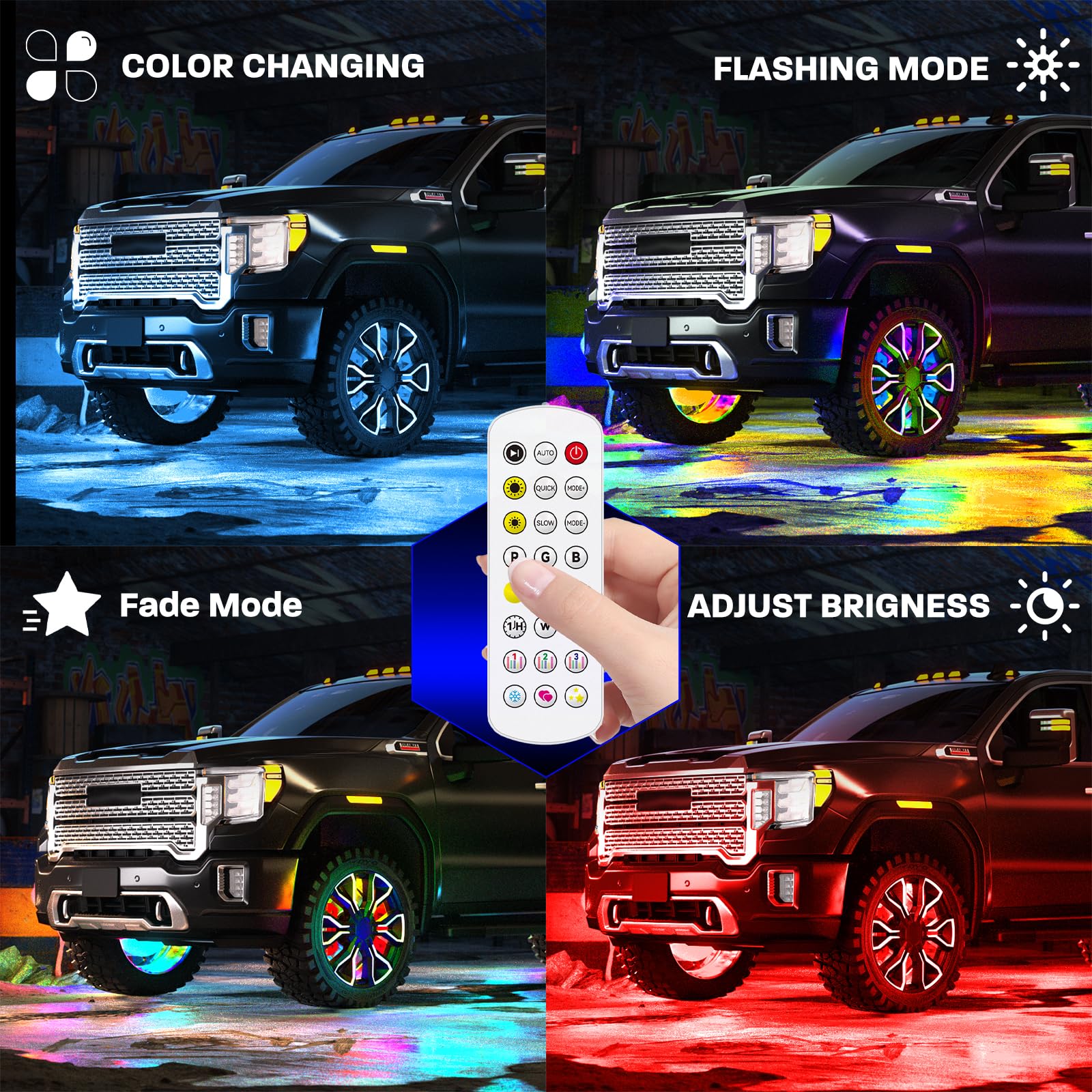 SUNPIE 17 Inch Universal Wheel Lights for Trucks & SUVs - Sequential Turn Signal, Brake Light, Multi-Color LED Wheel Well Kit (Fits 21-22 Inch Rims) - 4 PC Set for Off-Road, Car Shows & Night Driving