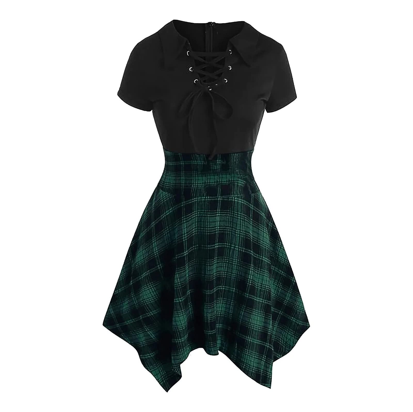 Women's Summer Casual Dress - O-Neck Lace Up Plaid Print Asymmetrical Mini Dress for Wedding Guest, Beach Party, Date Night & Vacation Outfits