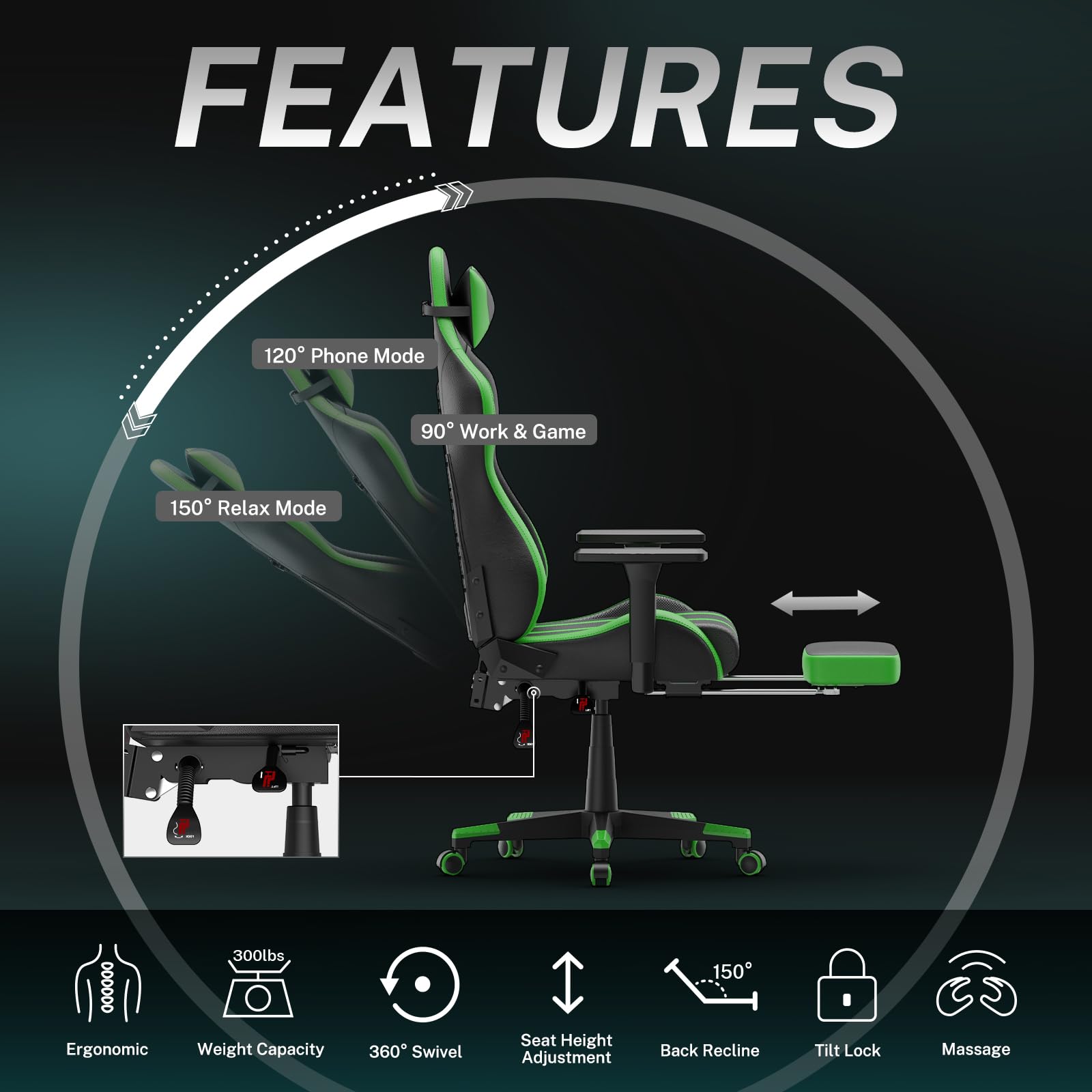 Soontrans Ergonomic Gaming Chair with Footrest - Adjustable Height, 360° Swivel & Reclining Office Chair for Adults - Perfect for PC Gaming, Home Office & Esports Setup - Green Racing Style Computer Chair