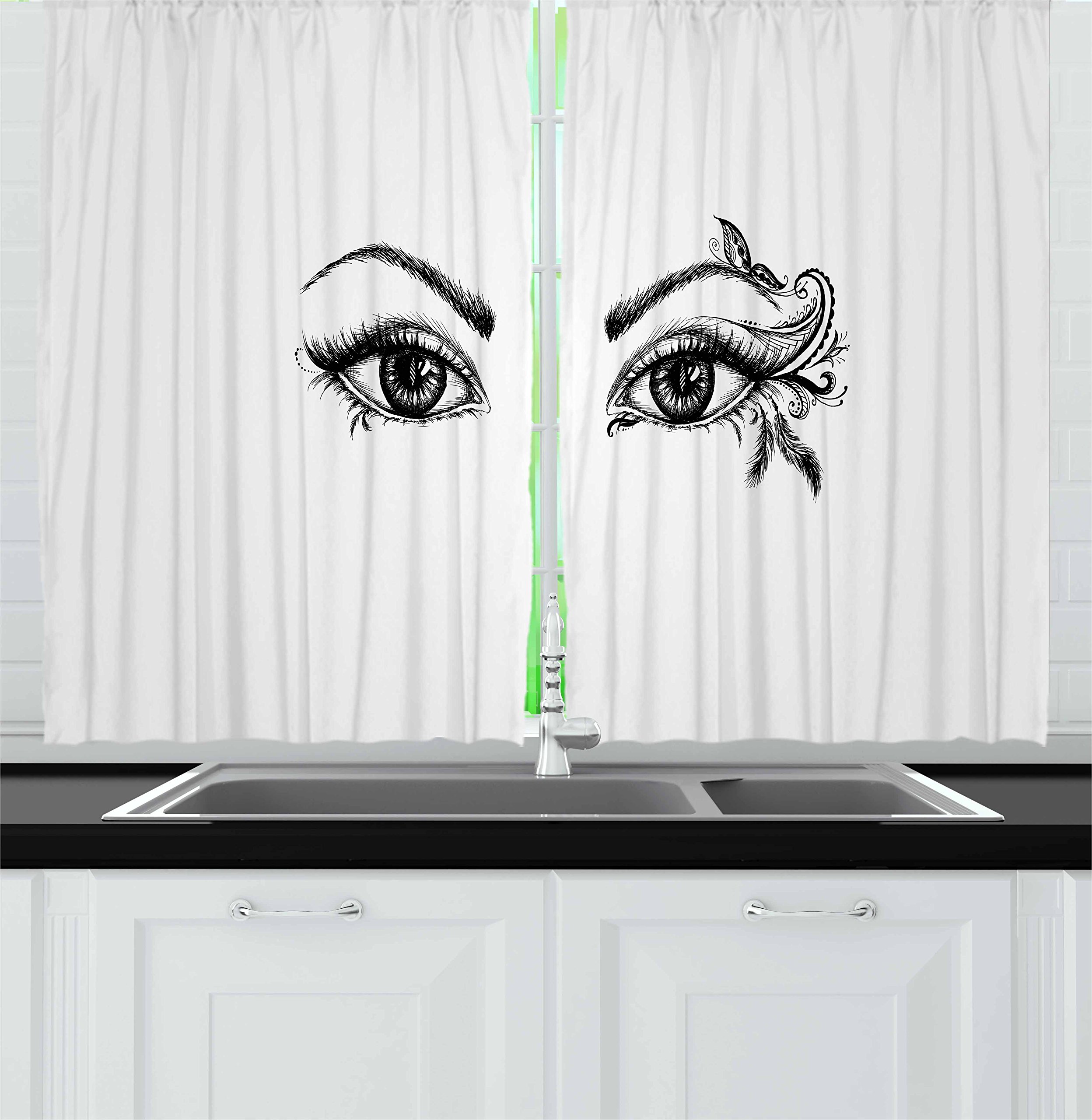 Ambesonne Black and White Eyelash Kitchen Curtains - Monochrome Drawing of Woman's Eyes with Feathers & Butterflies - 2 Panel Window Drapes for Kitchen & Cafe Decor (55