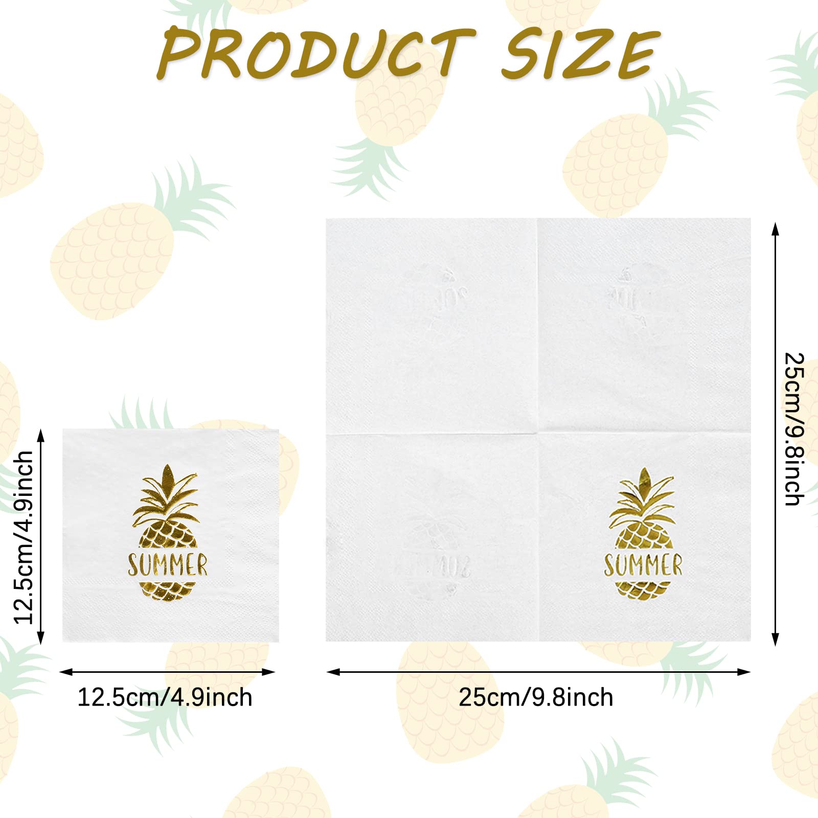 AnyDesign 100-Pack 5x5 Inch Gold Foil Pineapple Cocktail Napkins - Disposable White Summer Party Paper Napkins for Birthdays, Baby Showers, Beach & Pool Parties - Perfect for Tropical Themed Events & Outdoor Gatherings