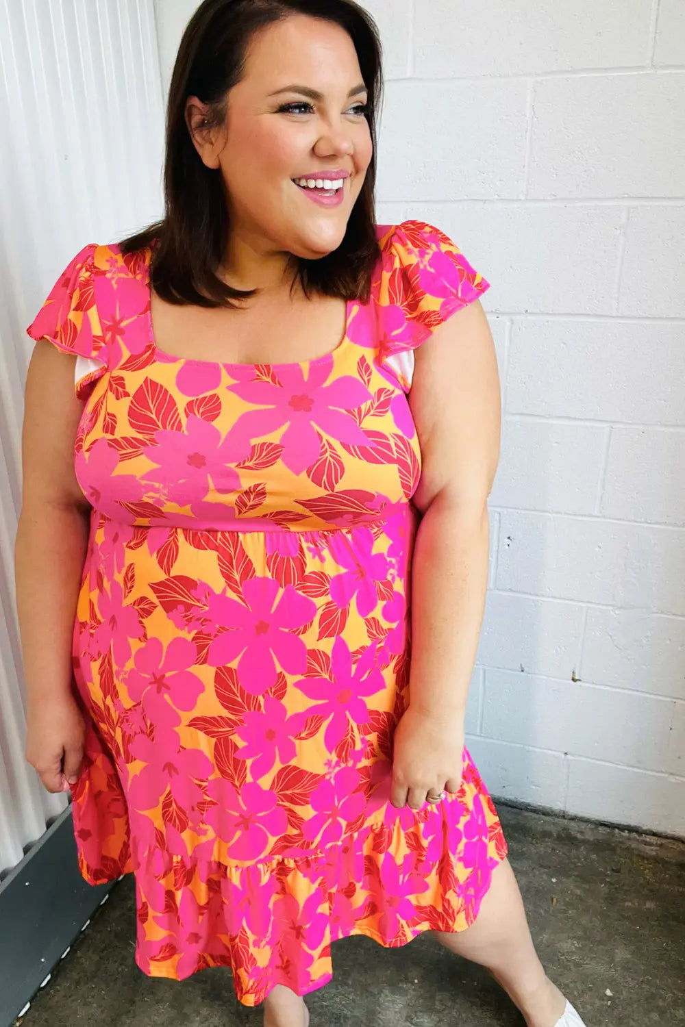Fuchsia & Orange Tropical Floral Square Neck Summer Dress for Women - Beach Vacation, Party & Casual Outfit