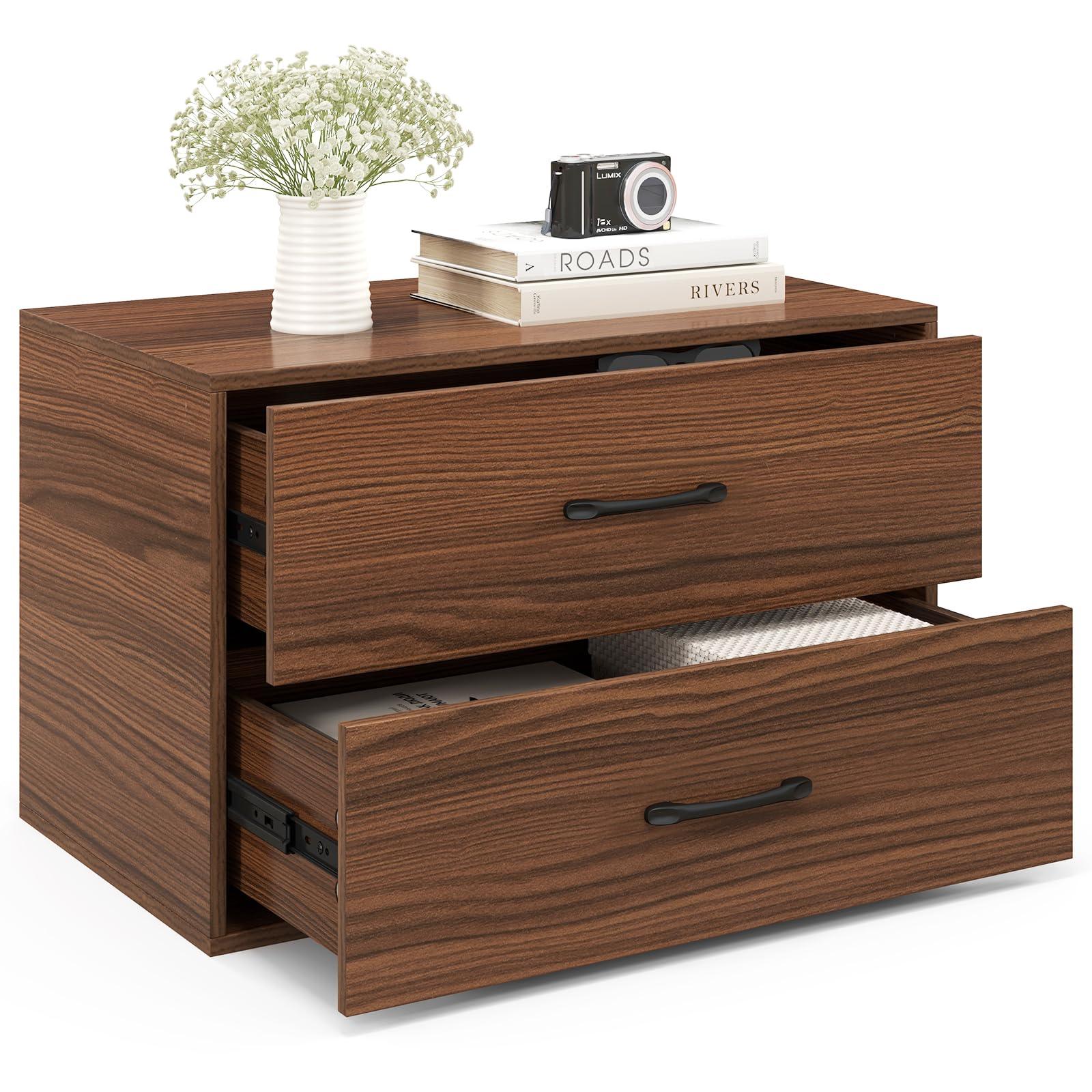 Giantex 2-Drawer Stackable Storage Cube Organizer with Handles - Horizontal Dresser Tower for Bedroom, Living Room, Office & Closet - Brown Wooden Storage Furniture for Home Organization & Space Saving