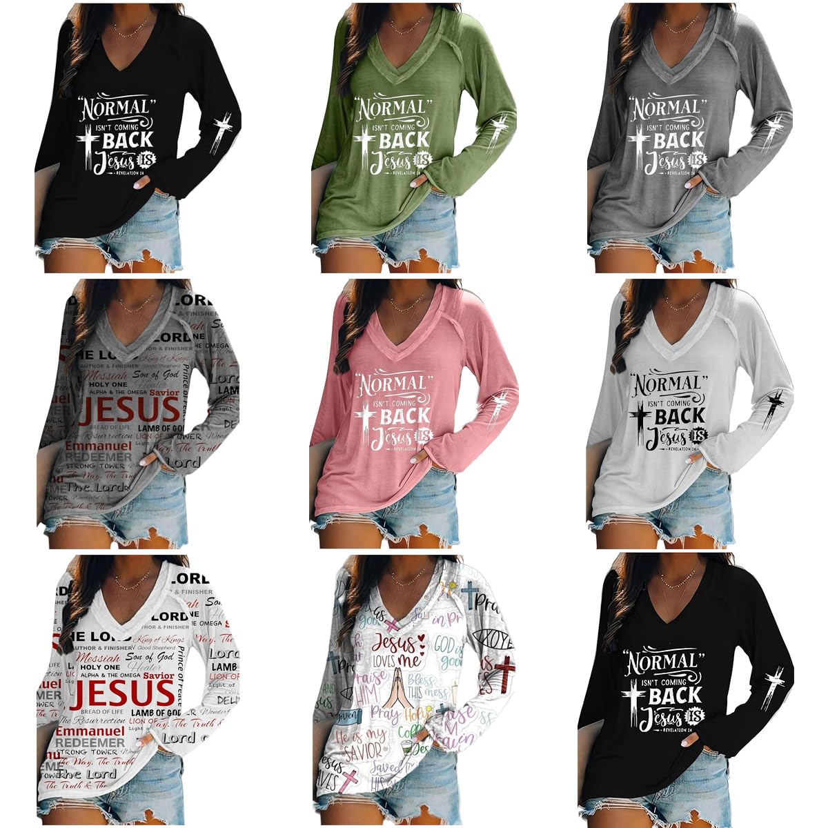 Women's Christian Jesus Print Long Sleeve V-Neck T-Shirt - Religious Casual Blouse for Church, Bible Study & Everyday Wear