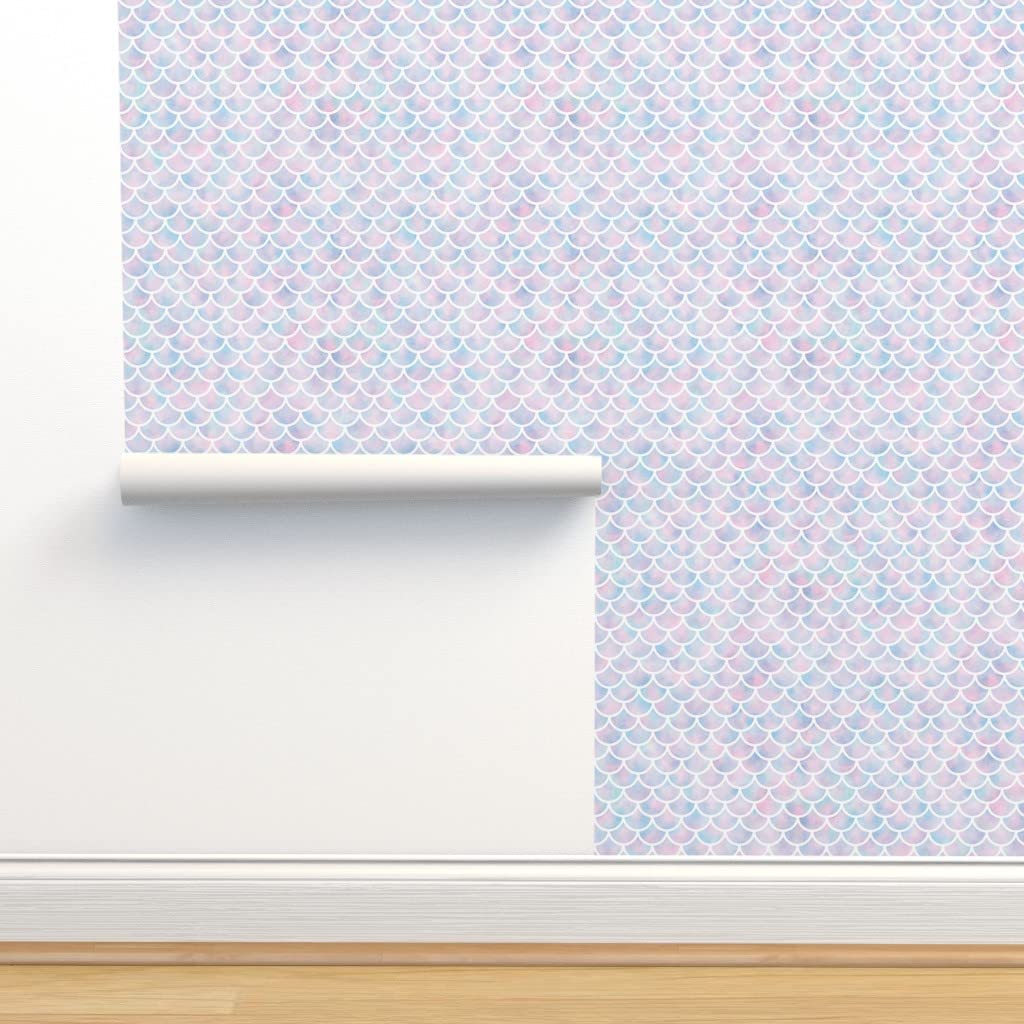 Peel & Stick Removable Wallpaper 12ft x 2ft - Mermaid Scales Pattern, Cotton Candy Watercolor, Pastel Dragon & Unicorn Design for Girls Room, Nursery, Bohemian Decor | Easy DIY Home Decor by Spoonflower