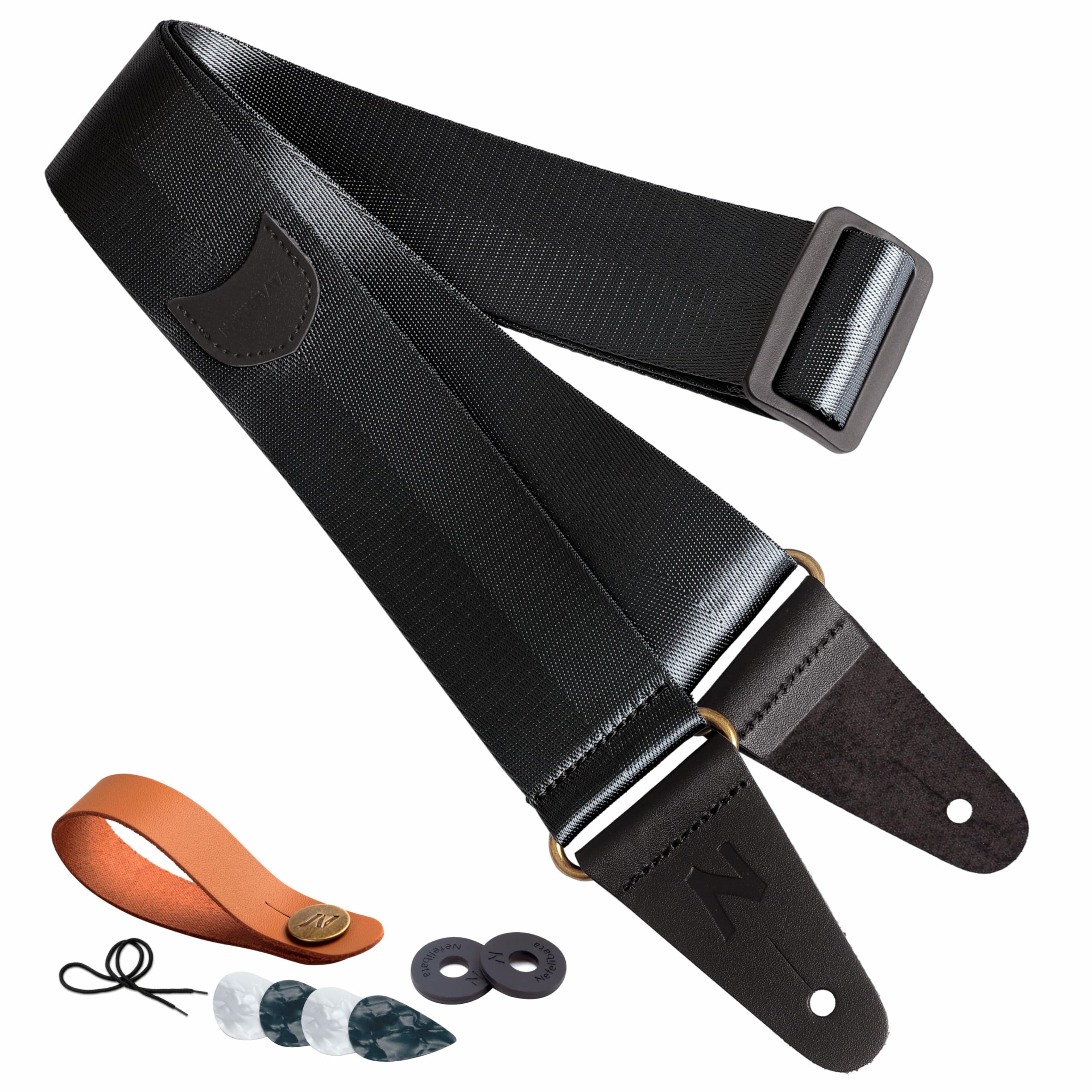 Premium Nefelibata Guitar Strap with Pick Pocket - Vintage Nylon & Full Grain Leather Ends for Bass, Electric & Acoustic Guitars - Includes Free Strap Button, Strap Locks (1 Pair) & 6 Guitar Picks - Perfect for Live Performances, Studio Sessions & Practice