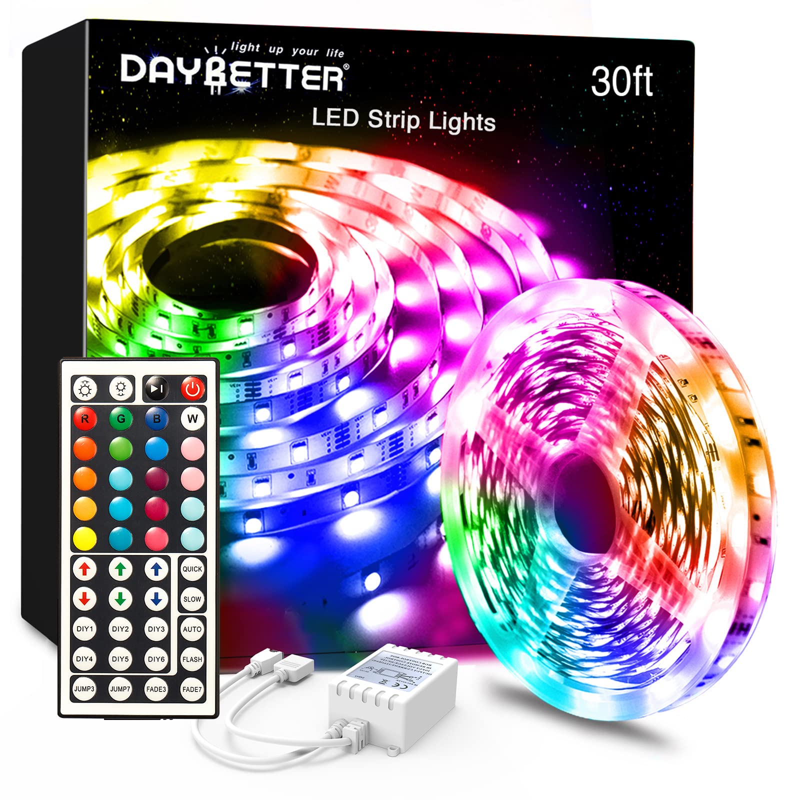 DAYBETTER 30ft LED Strip Lights with Remote & Power Supply - RGB Color Changing Flexible Light Strips for Bedroom, Kitchen, Home Decor & Party Lighting | Perfect for Mood Lighting, Gaming Setup & Holiday Decorations