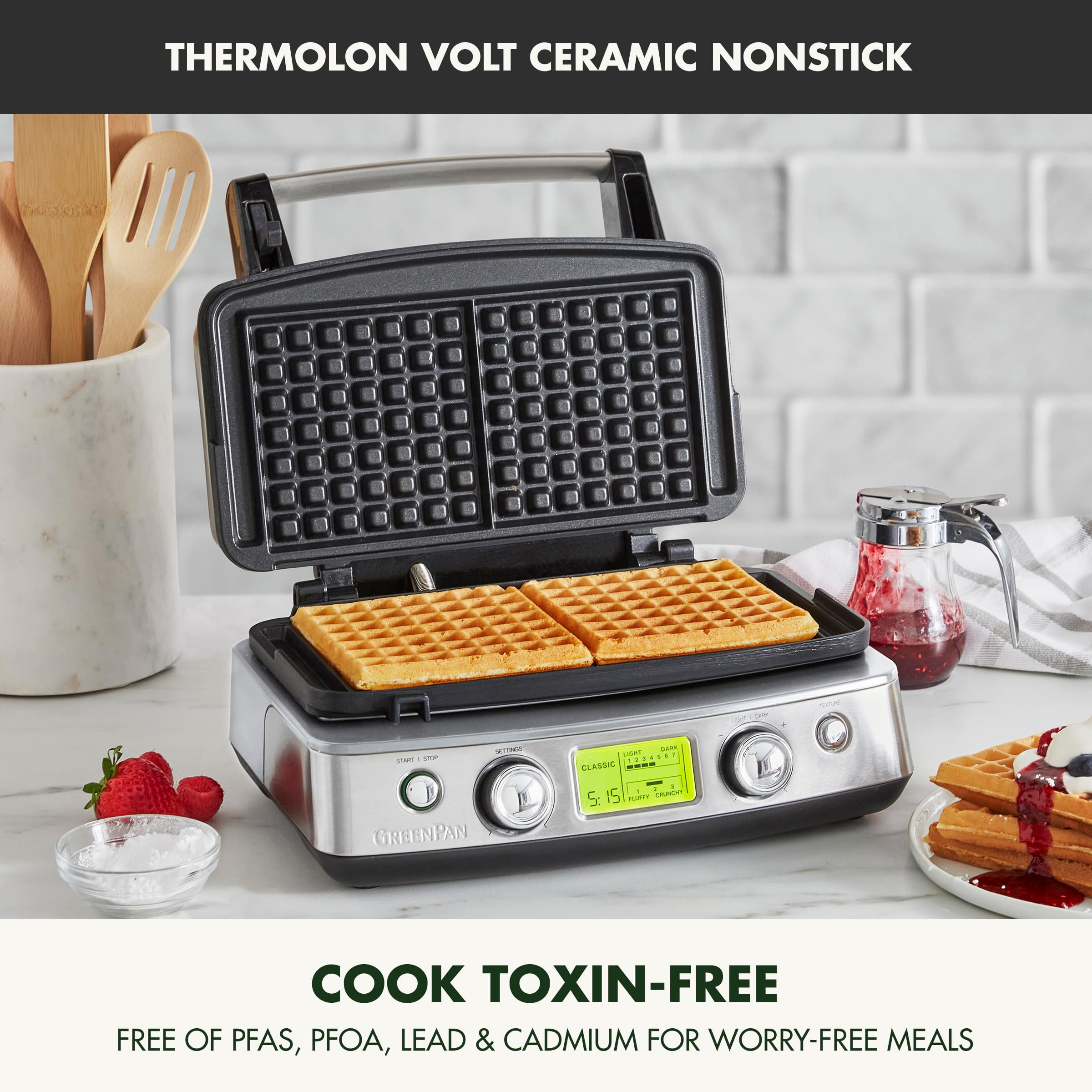 GreenPan Elite 2-Square Belgian & Classic Waffle Maker with Healthy Ceramic Nonstick Coating, Dishwasher Safe Plates, Adjustable Browning Control, Overflow Protection - Perfect for Breakfast, Brunch and Family Gatherings - Stainless Steel Design
