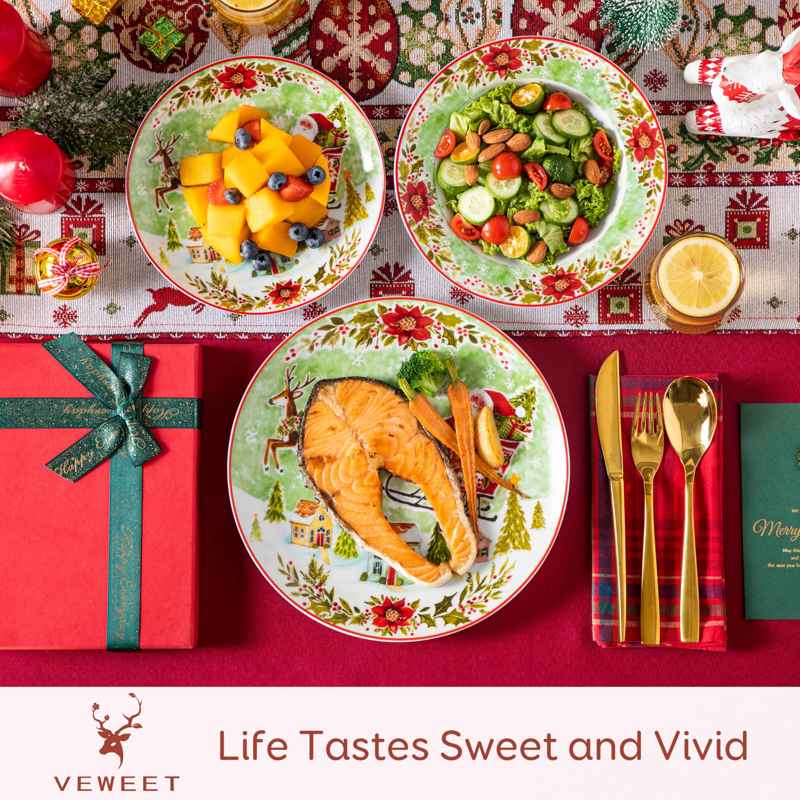 VEWEET 18-Piece Porcelain Christmas Dinnerware Set for 6 - 6 Dinner Plates, 6 Dessert Plates, 6 Soup Plates with Santa & Reindeer Design | Holiday Table Setting, Christmas Party, Festive Family Dinner