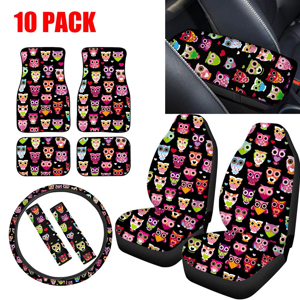 Stylish Owl Print Car Seat Covers Full Set for Women - 10PC Universal Fit Auto Interior Accessories with Floor Mats, Steering Wheel Cover, Seat Belt Pad & Armrest Cover | Perfect for Daily Commute, Road Trips & Car Protection