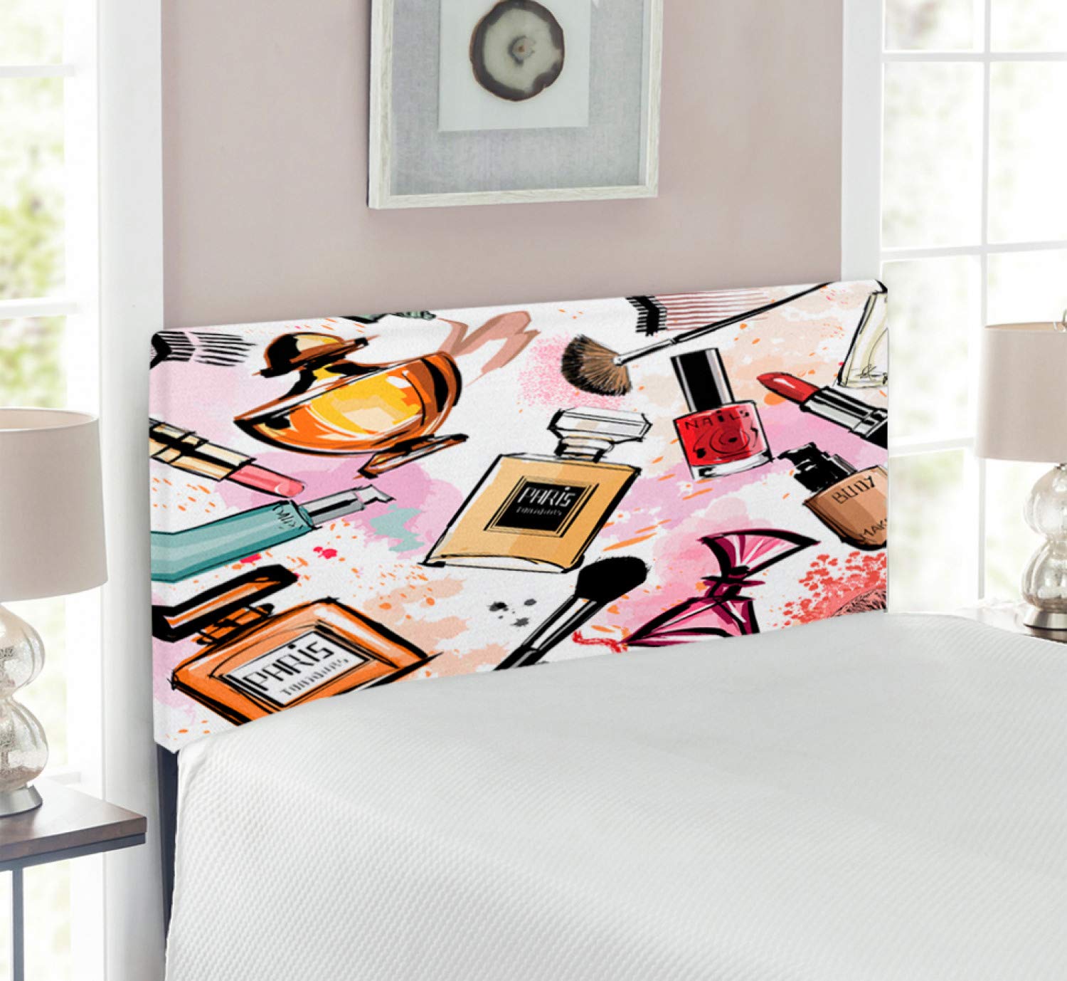 Ambesonne Upholstered Fashion Headboard with Memory Foam - Cosmetic & Makeup Theme Design Featuring Perfume, Lipstick, Nail Polish & Brush - Modern Decorative Metal Bed Headboard for Twin Size Bed - Multicolor - Perfect for Teen Girls' Bedroom, Makeup Lovers & Beauty Themed Decor