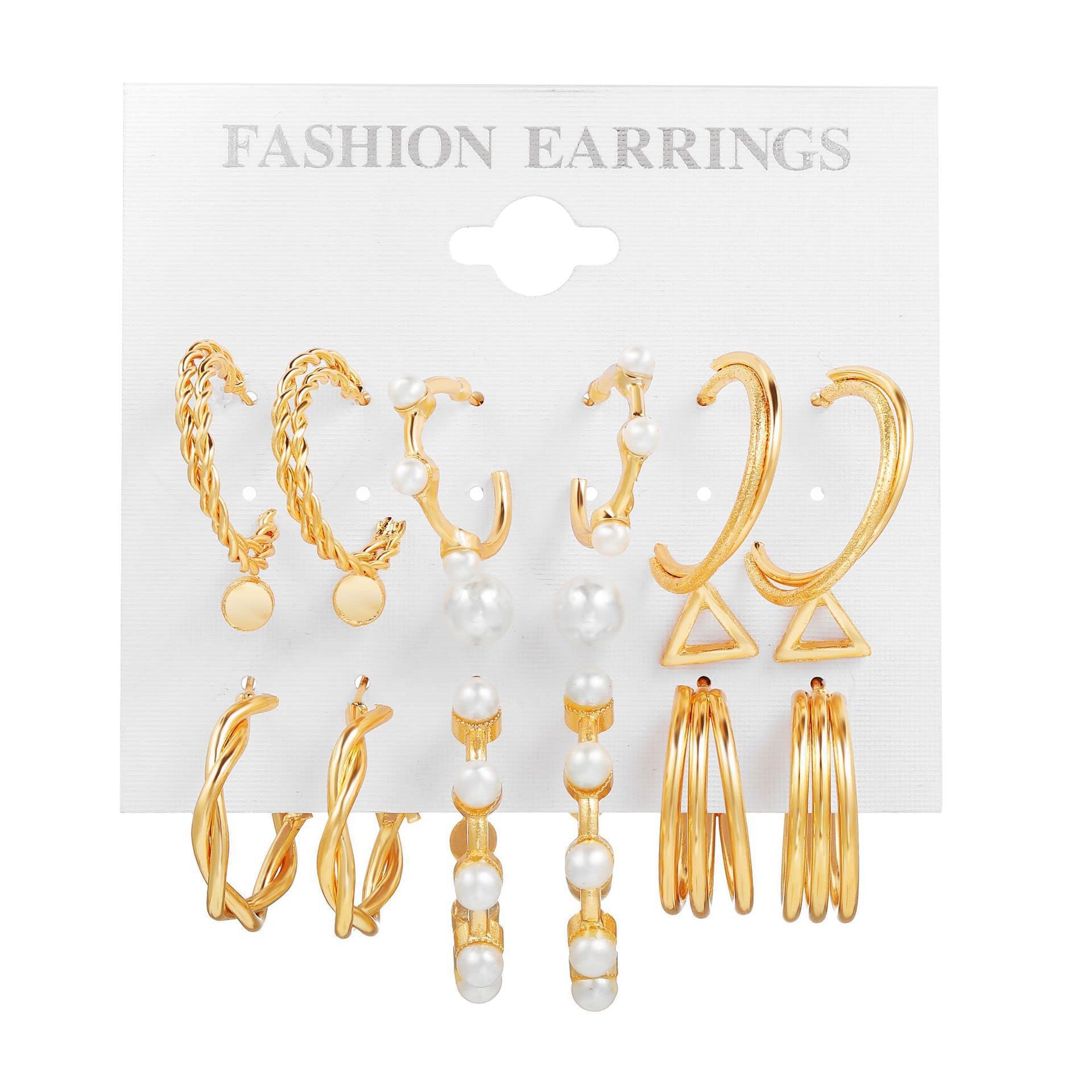 Golden Plated Triangle Pearl Stud & Twisted Hoop Earrings Set - 9 Pairs for Women & Girls | Elegant Jewelry for Parties, Weddings & Daily Wear