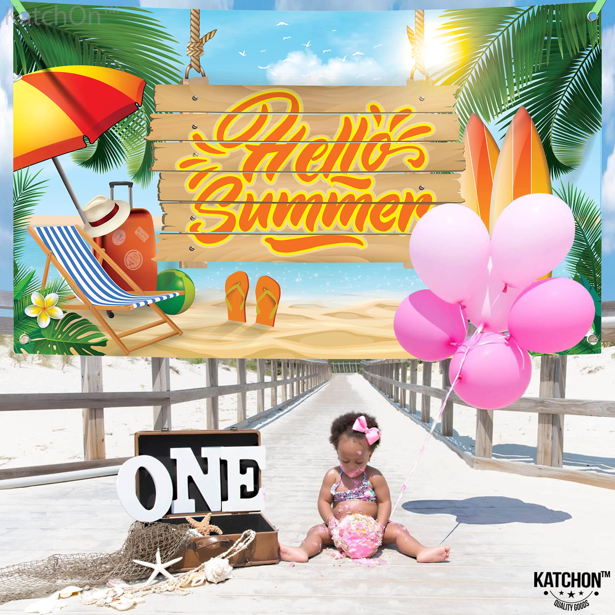 KatchOn Large 72x44 Inch Hello Summer Backdrop - Premium Summer Party Banner for Beach, Surfboard & End of School Decorations | Perfect for Pool Parties, Graduation Celebrations & Tropical Themed Events