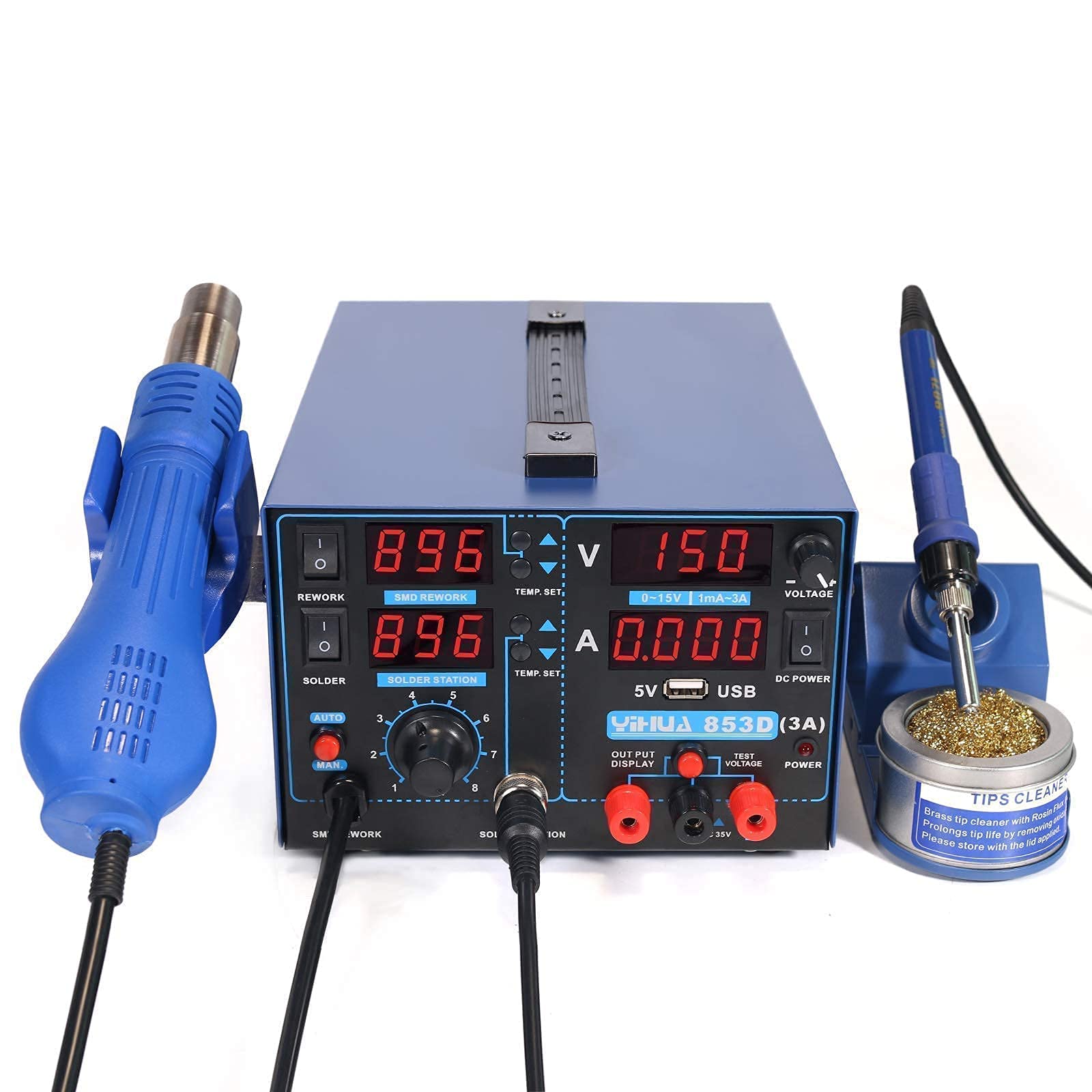 YIHUA 853D 3A USB Professional Soldering Station with Hot Air Rework, Power Supply & 28-Piece Accessories Kit - Includes #2300 Nozzles, Iron Holder & Cleaning Tools for Electronics Repair, DIY Projects & PCB Work