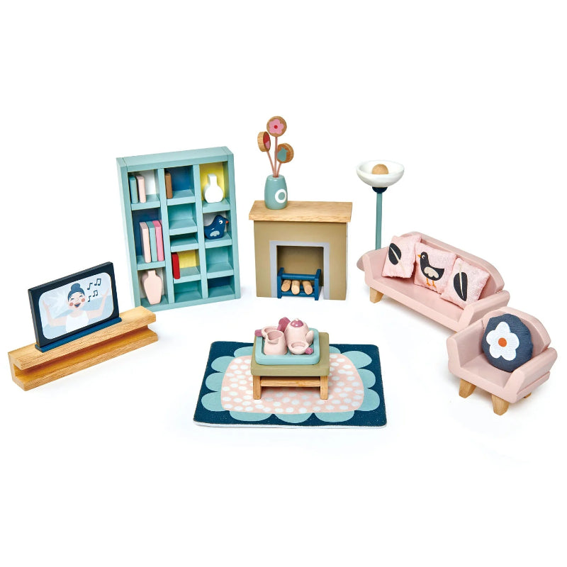 Miniature Dovetail Dollhouse Sitting Room Furniture Set - 1:12 Scale Realistic Wooden Living Room Decor for Dolls - Perfect for Collectors, DIY Projects & Kids Playtime