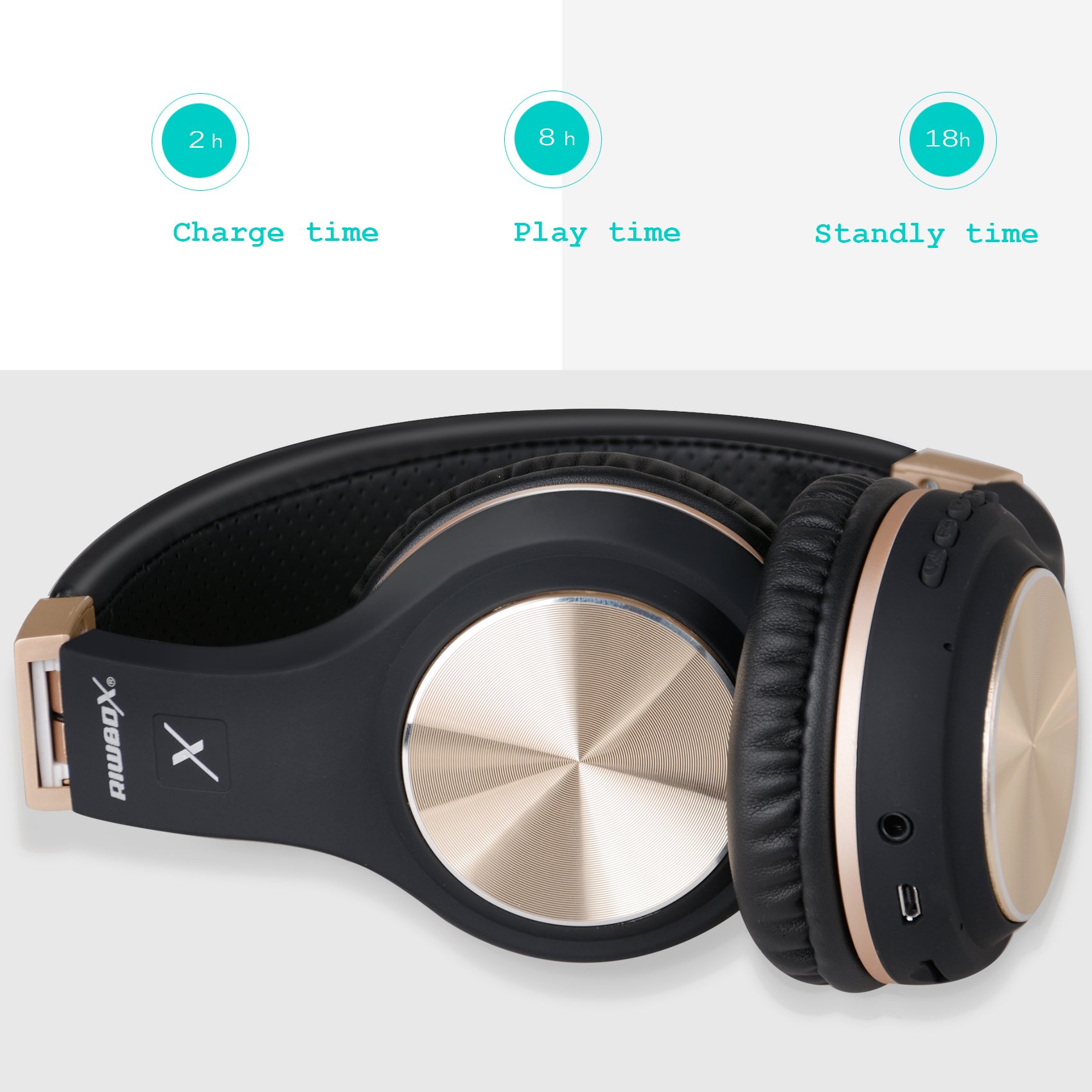 Riwbox XBT-80 Wireless Bluetooth Headphones Over Ear with Microphone, Foldable Stereo Headset with Volume Control for PC/Phone/TV/iPad - Black Gold - Perfect for Gaming, Travel & Home Entertainment