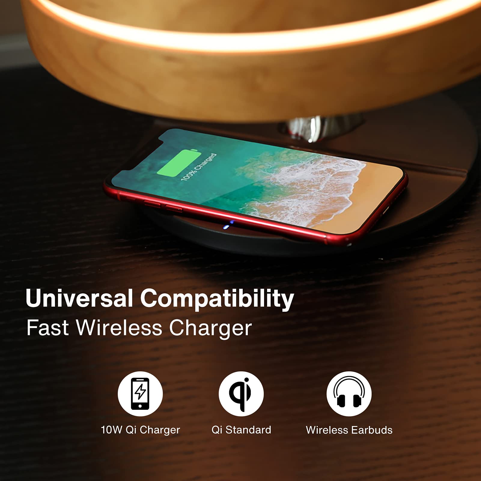 AMPULLA Masdio Horizon Bedside Lamp - 10W Wireless Charger & Bluetooth Speaker, Digital Clock Night Light with Stepless Dimming & Sleep Mode - Perfect for Bedroom Nightstand, Reading, Relaxation & Ambient Lighting