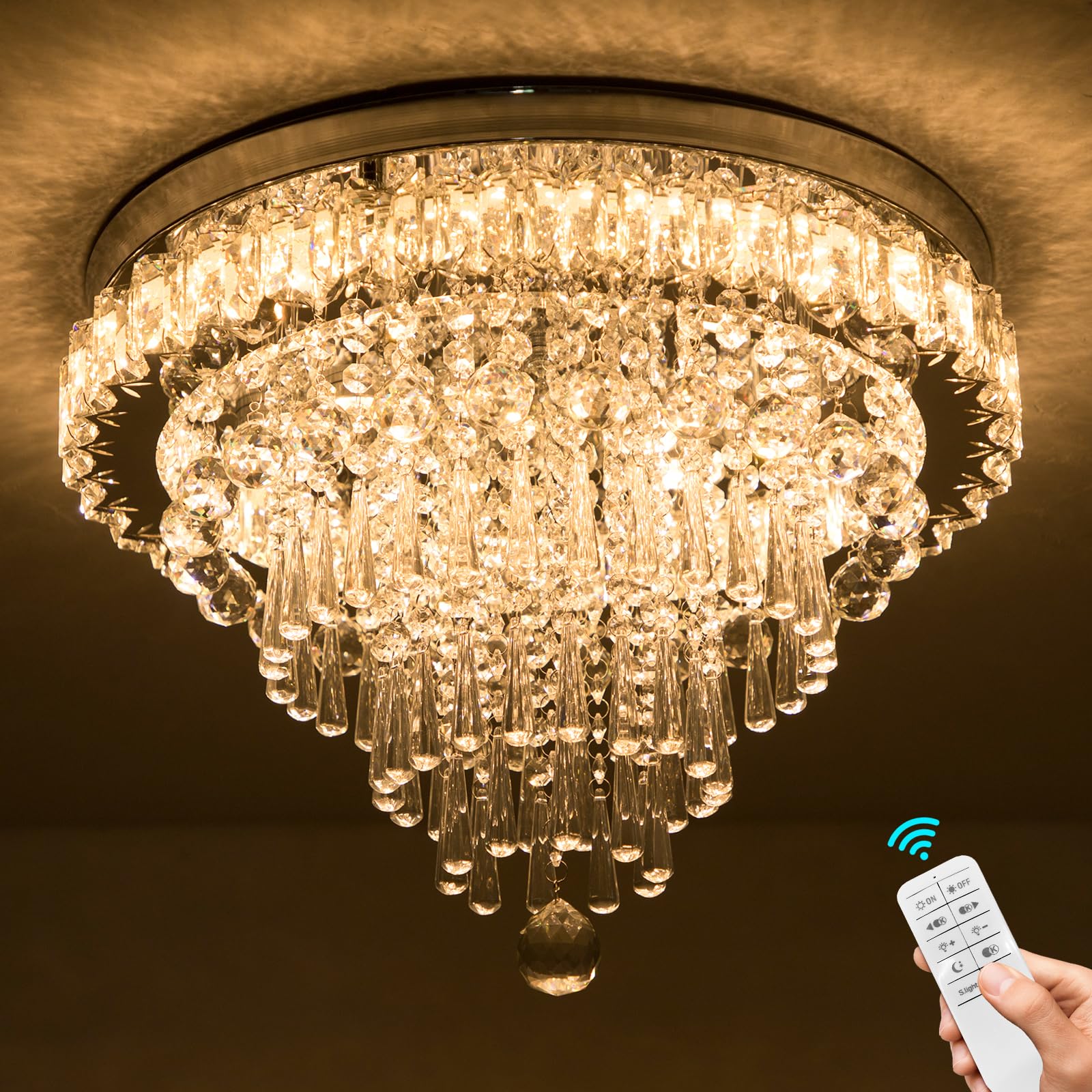 CLAIRDAI Modern Crystal Chandelier - Dimmable LED Flush Mount Ceiling Light with Remote Control & 5-Tier Crystal Drops | Perfect for Hallway, Bedroom, Dining Room, Living Room | Elegant Lighting for Home Decor & Special Occasions