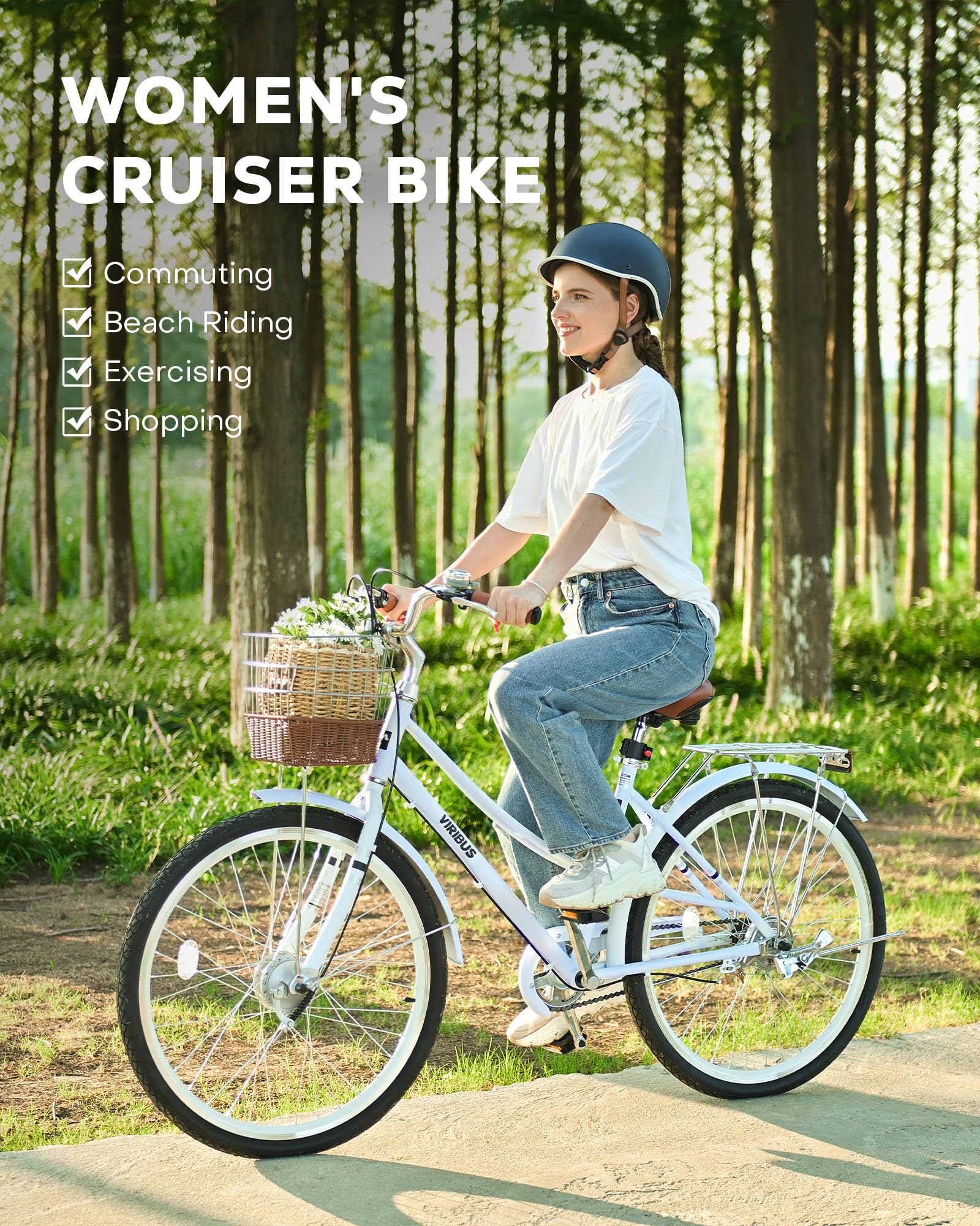 Viribus Women's Beach Cruiser Bike - 24 & 26 Inch Step-Through Frame with Rattan Basket, Rear Rack & Lock - Single Speed City Commuter Bicycle for Short Women, Female Seniors (330 lb Capacity) - Perfect for Beach Rides, City Commuting & Leisure Cycling