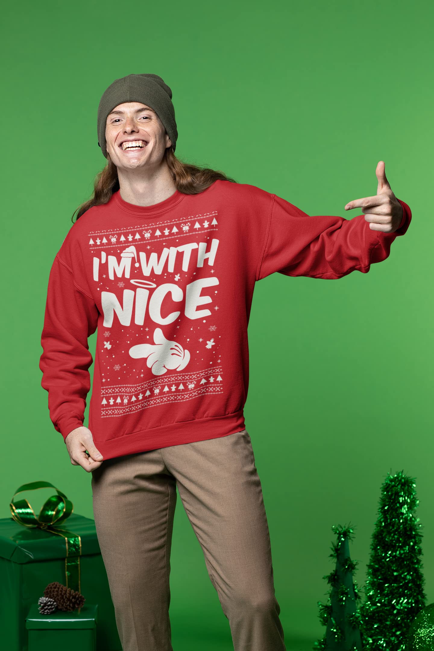 Wild Bobby 'I'm With Nice' Ugly Christmas Sweater - Unisex Crewneck Graphic Holiday Sweatshirt for Xmas Parties & Family Gatherings