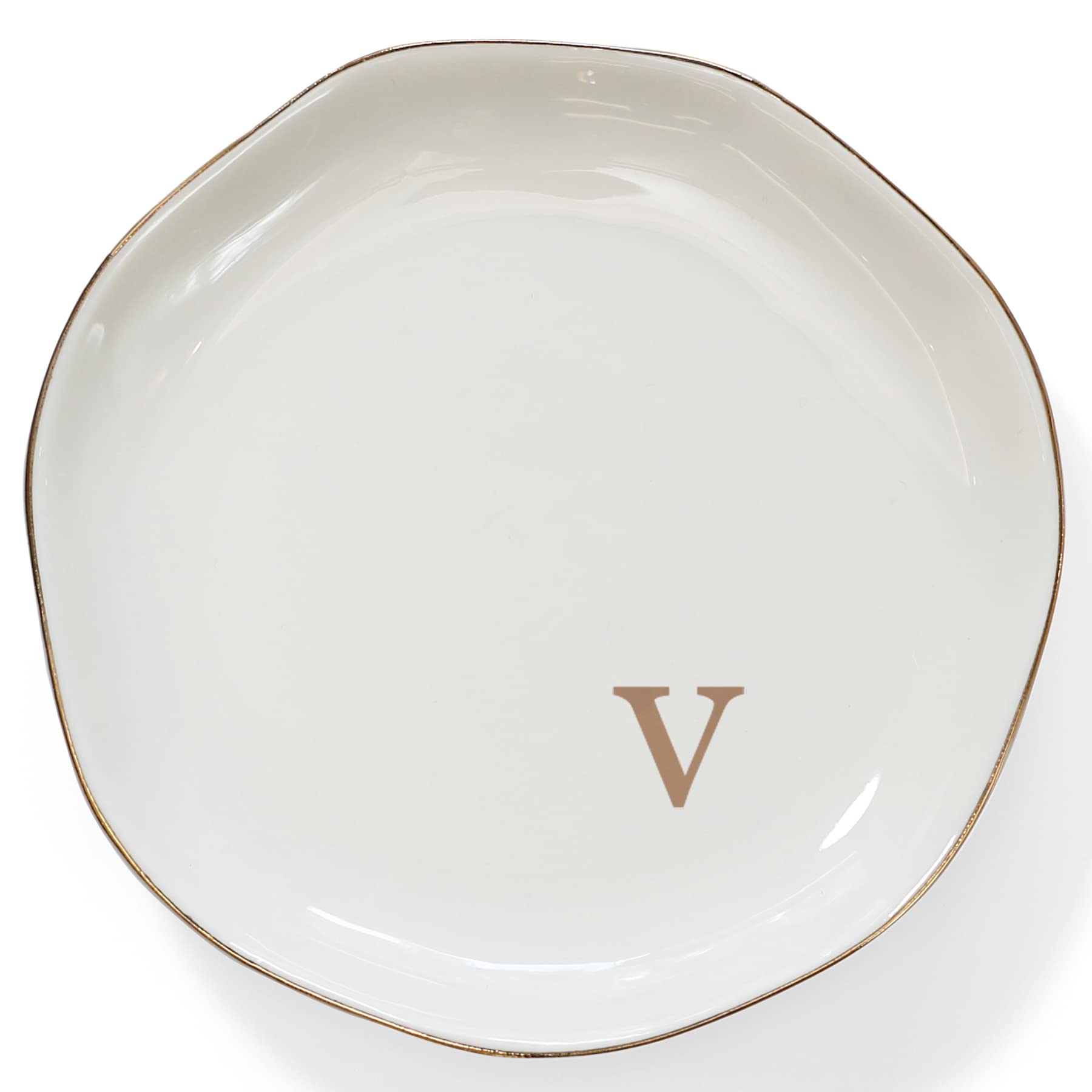 Personalized V-Monogrammed Ceramic Ring Dish - Custom Initial Jewelry Tray for Engagement, Wedding, Birthday & Christmas Gifts - Perfect for Women, Friends & Sisters - Elegant White Home Decor for Vanity, Dresser or Nightstand Organization